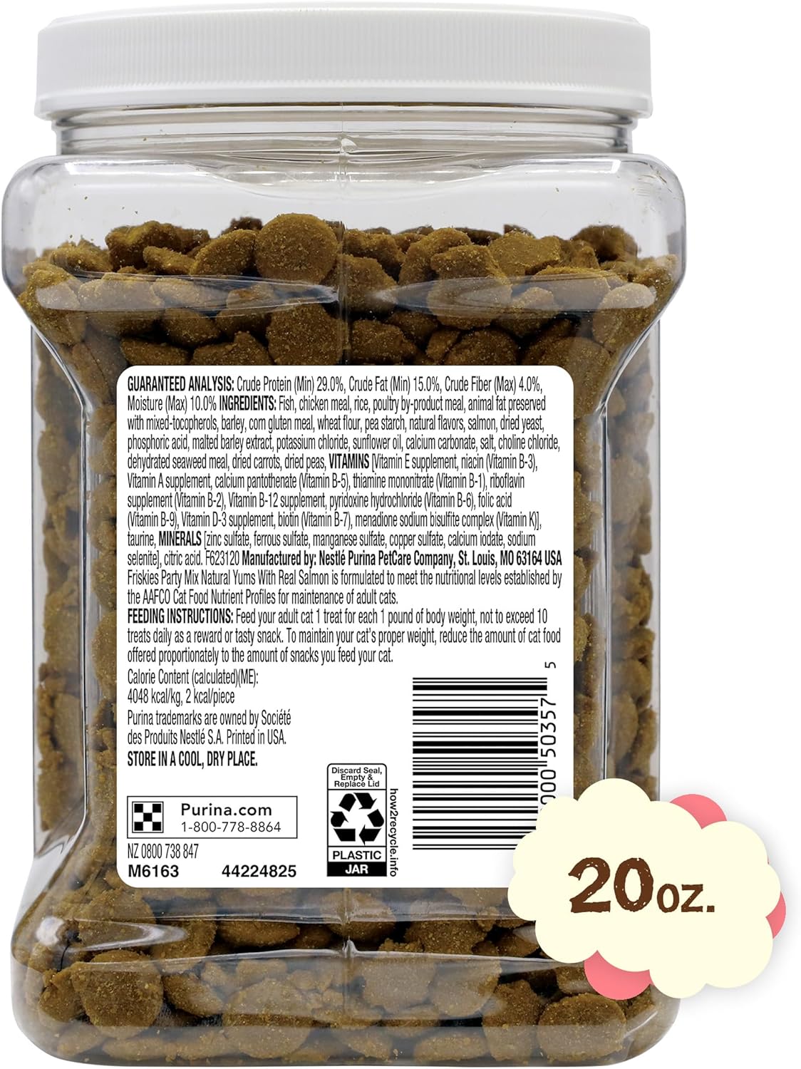 Purina Friskies Natural Cat Treats Party Mix Natural Yums With Real Salmon and Added Vitamins, Minerals and Nutrients - 20 Oz. Canister