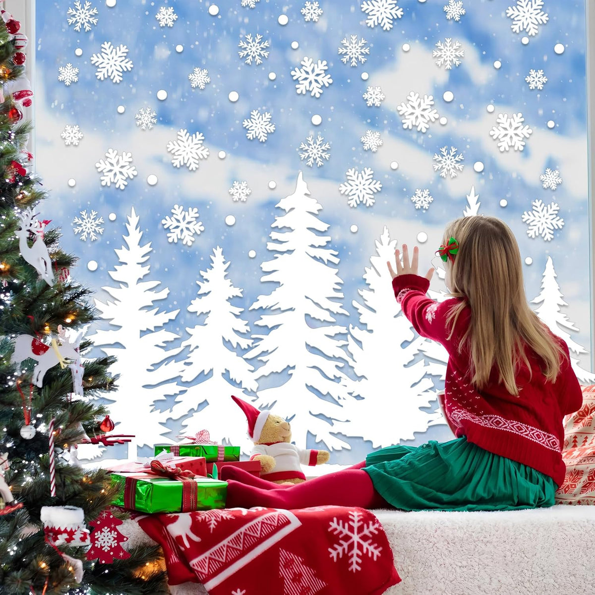 9 Sheets Christmas Window Clings Large Pine Tree Snowflake Window Decals Snowy Xmas Tree Double-Sided Windows Stickers White Winter Forest Trees Windows Decorations for Xmas Party Home Office Glass