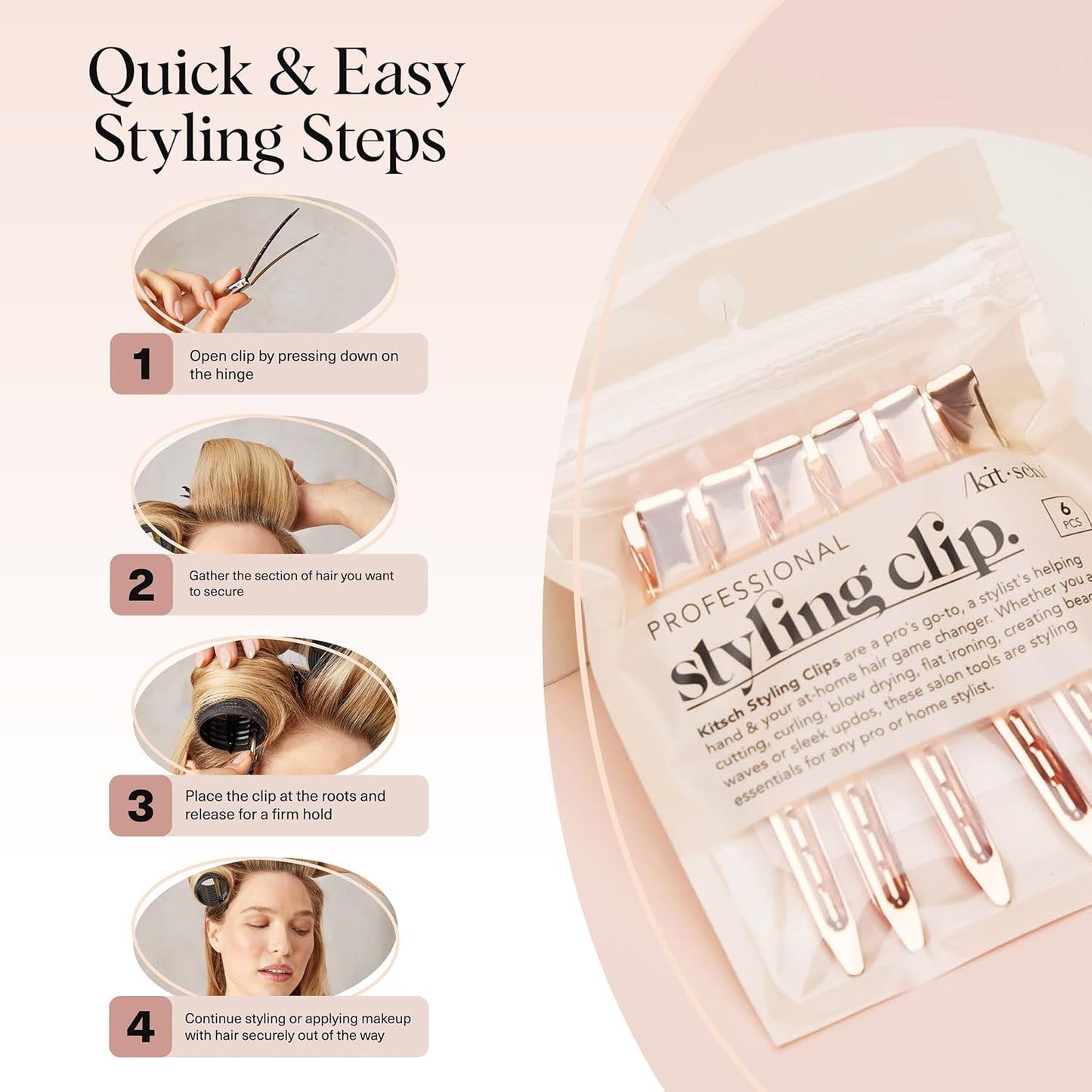 Kitsch Professional Alligator Clips for Hair Styling – 3.5" Aluminum Hair Sectioning Clips for Salon & Makeup Application | Ideal Gifts for Women – Rose Gold, 6 Pcs