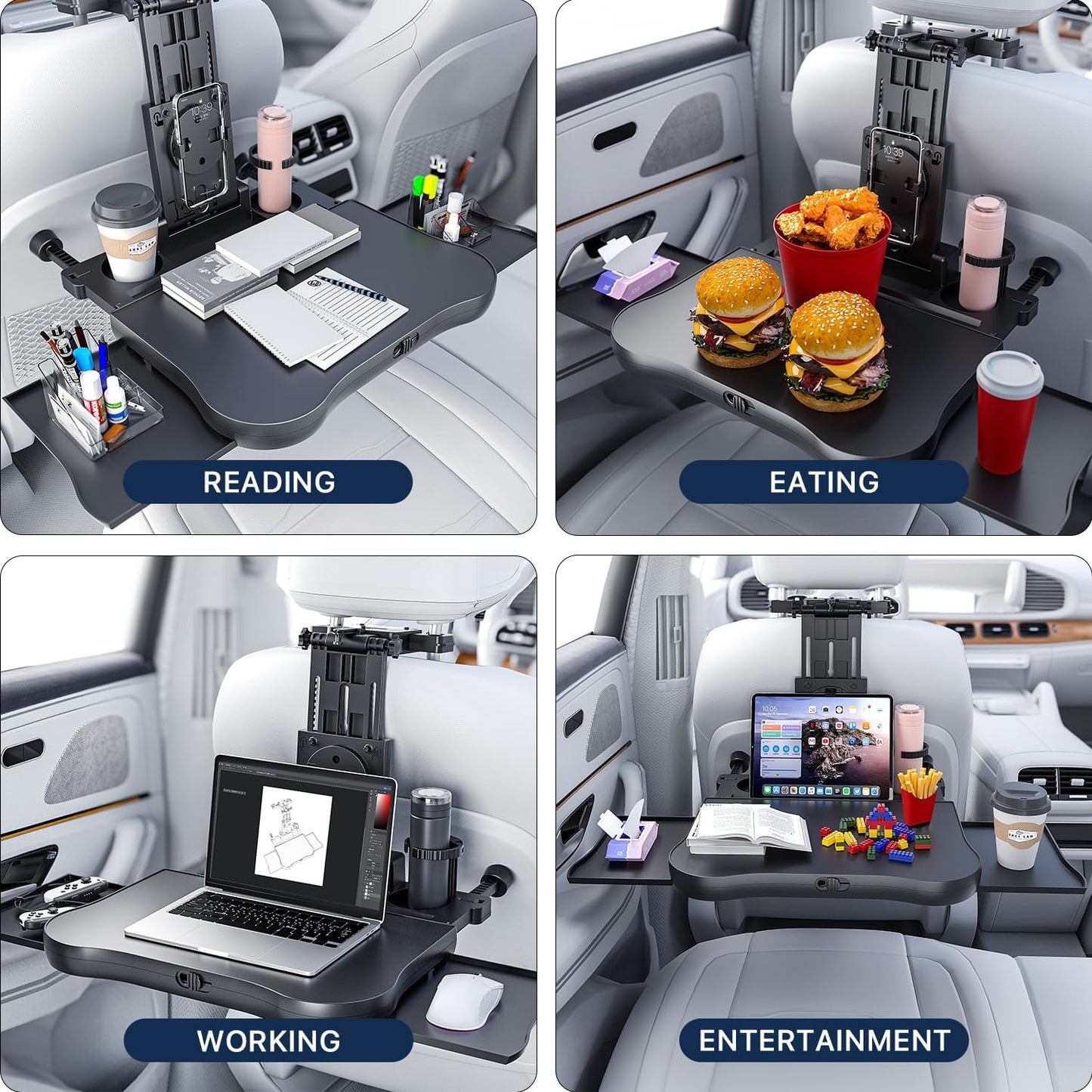 Car Back Seat Tray Table, Stable Foldable Auto Backseat Food Trays Desk for Rear Passenger Road Trip Eating & Work, Multifunctional Adjustable Travel Tray with Phone Drink Holder for Laptop iPad