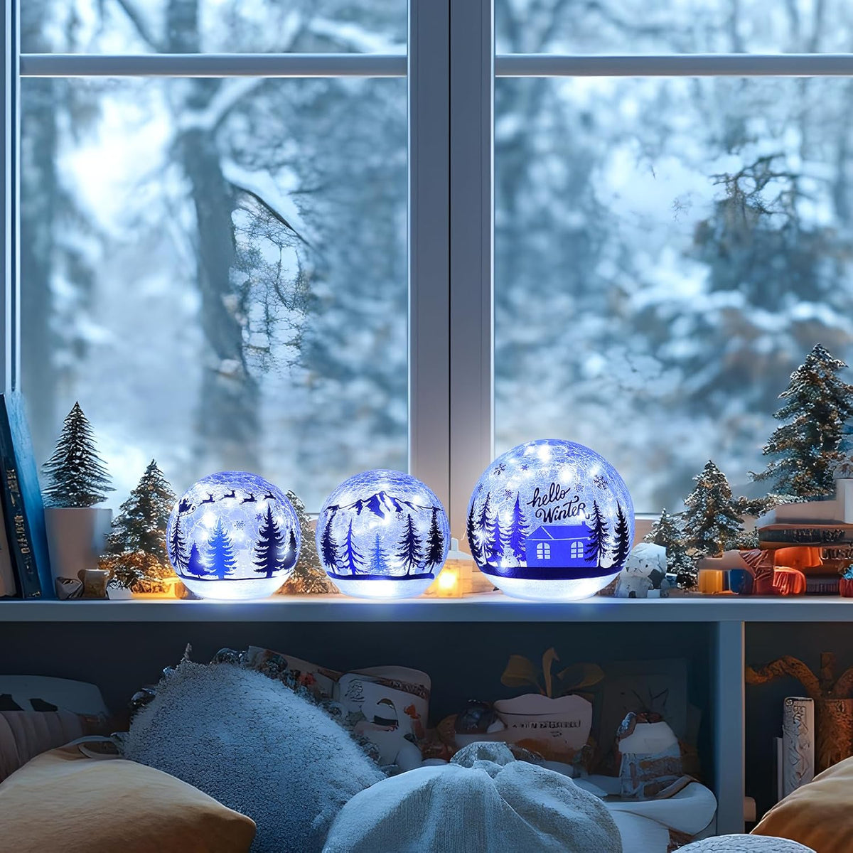 YEAHOME Christmas Decorations Indoor, Set of 3 Crackle Glass Ball with LED Lights Christmas Tree Snowman, Christmas Table Decorations Hello Winter Globes with Timer for Home Mantel Fireplace Decor