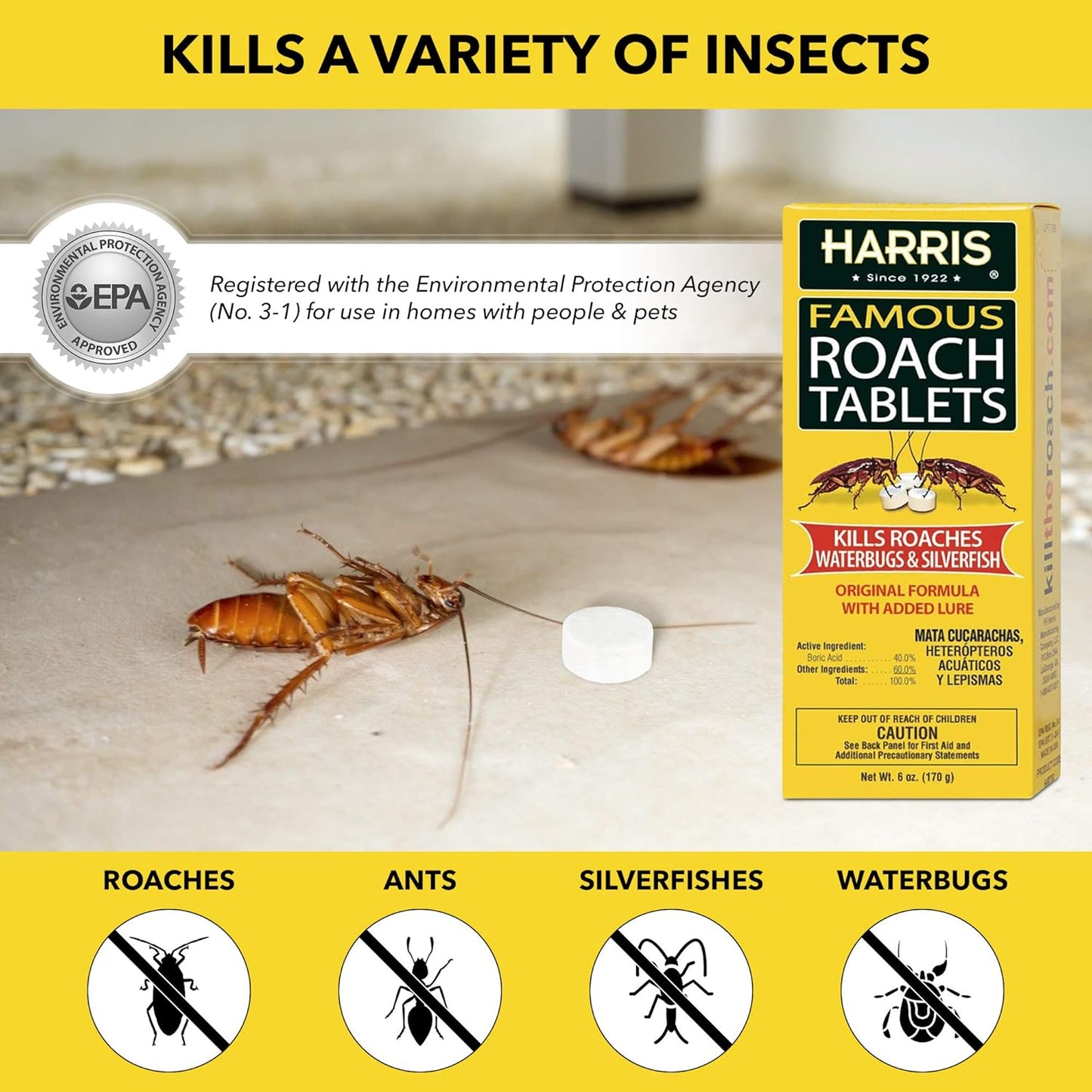 Harris Roach Tablets, Boric Acid Roach and Insects Killer with Lure, Alternative to Bait Traps (6oz, 145 Tablets), Yellow