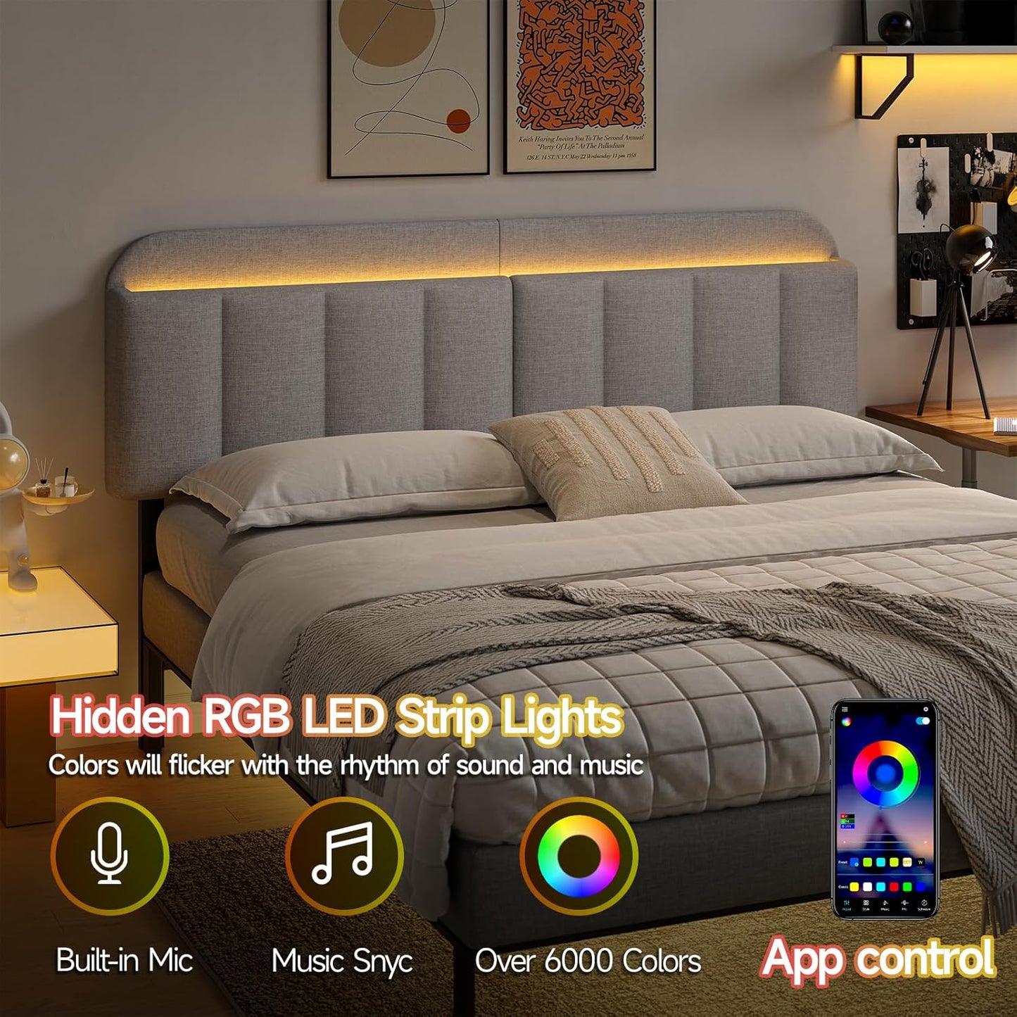 ONBRILL Adjustable Headboard for King/California King Size Bed Frame, Linen Fabric Bed Headboard with Storage & RGB LED Light in Modern Vertical Channel Design, Light Grey