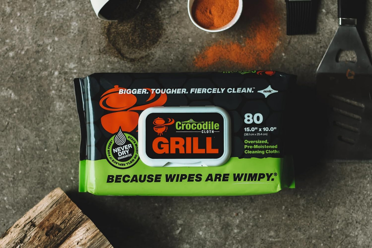 Crocodile Cloth Grill - 80 (15" x 10") Plant-based Cleaning Wipes. Safe on Skin & Multiple Surfaces. Infused with Aloe & Vitamin E. Large, Pre-Moistened & Absorbent.