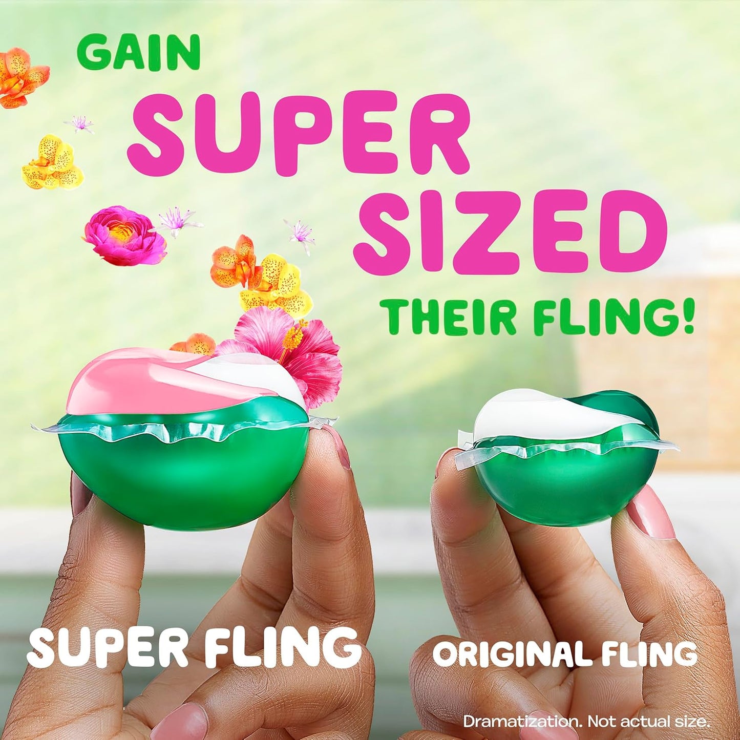 Gain Super Sized Flings Laundry Detergent Pacs with Hibiscus Hula Scent, Powerful Cleaning for Lasting Freshness, HE Compatible, 45 Count, Gain Laundry Detergent Pods
