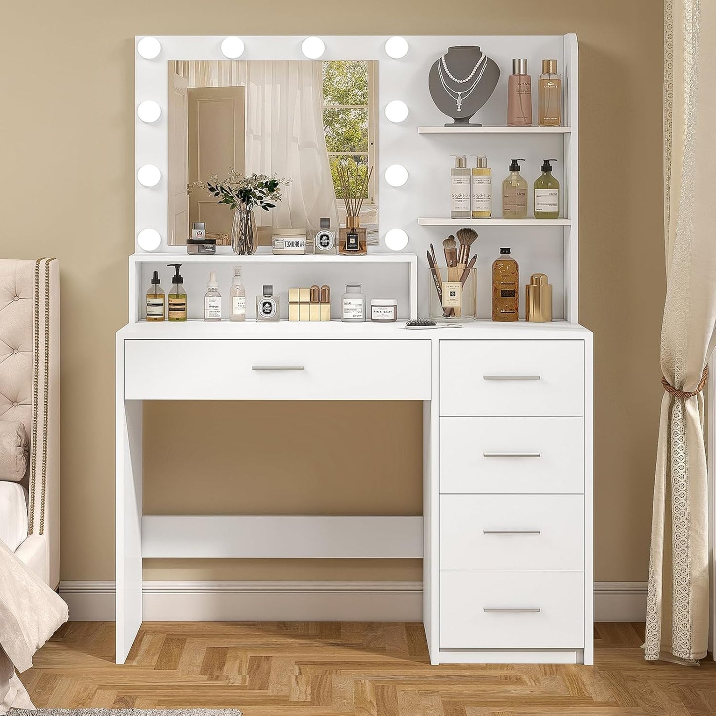 Quimoo Vanity Desk with Mirror & Lights, Makeup Vanity with 5 Drawers & Storage Shelves, White Vanity Table, 3 Color Modes & Adjustable Brightness, Dressing Table, Bedroom