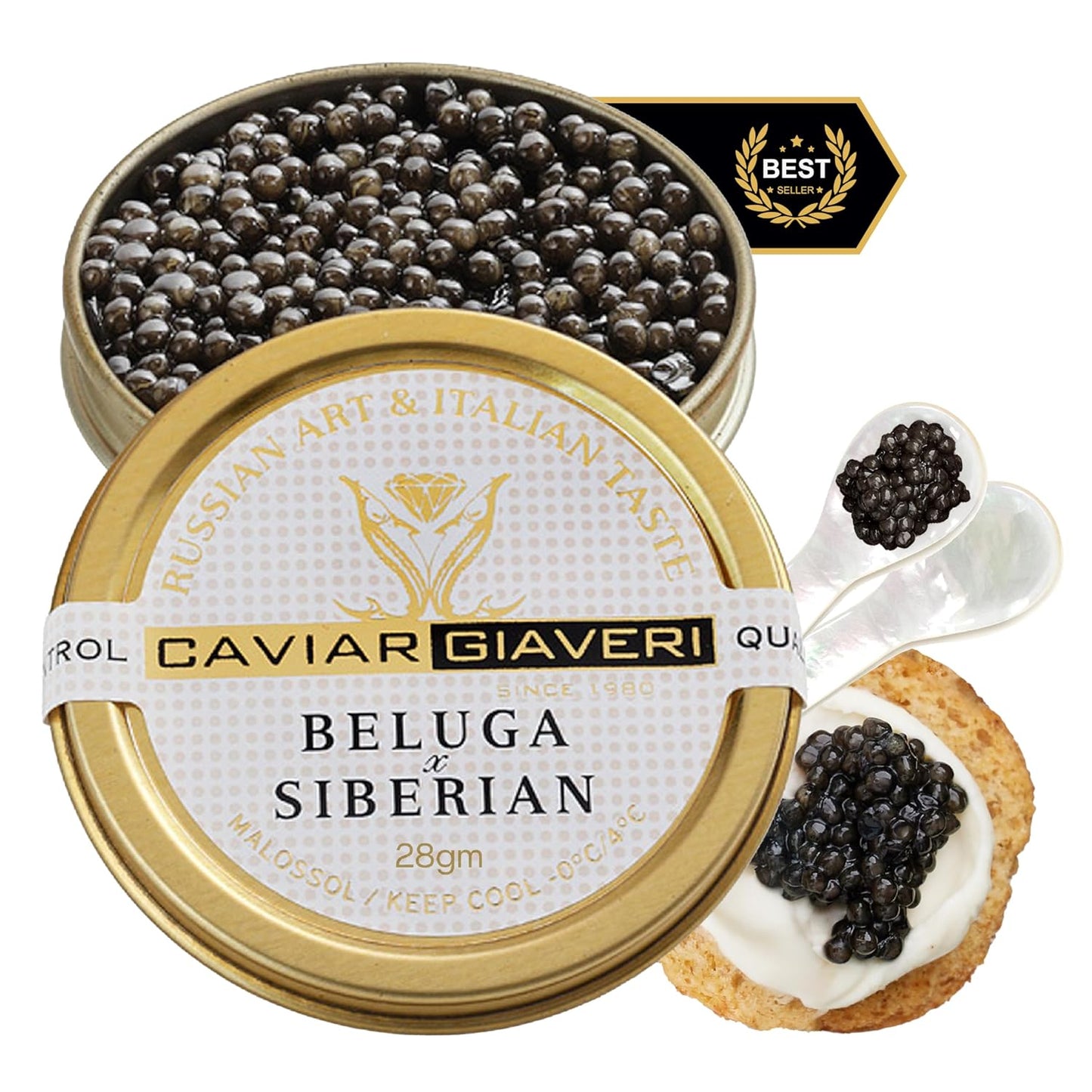 OVERNIGHT GUARANTEED, Bester’s Royal Beluga Hybrid Caviar Gift Set - Rated Best Black Caviar in the World, 1oz (28G) Glass Jar with Free Blinis, Spoons, Gift Set (Huso huso x baerii)