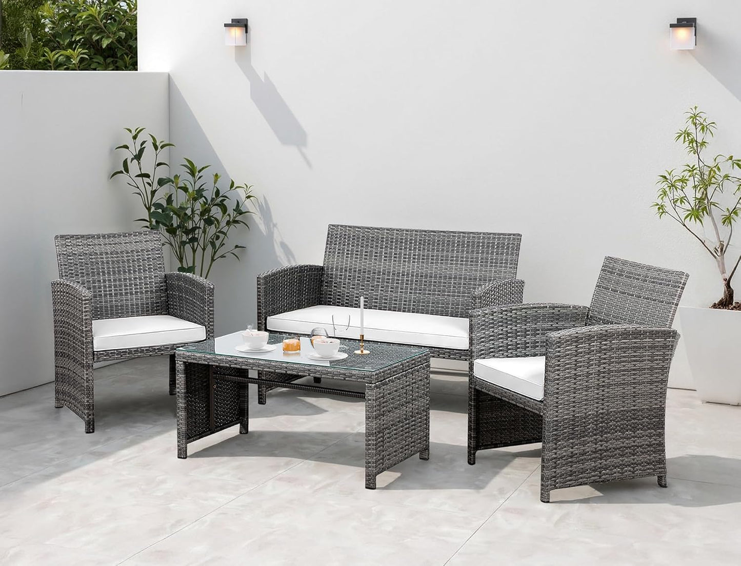 Shintenchi 4 Piece Patio Ratten Set Outdoor Furniture Set Wicker Conversation Set with Cushions and Tempered Glass Tabletop,Beige