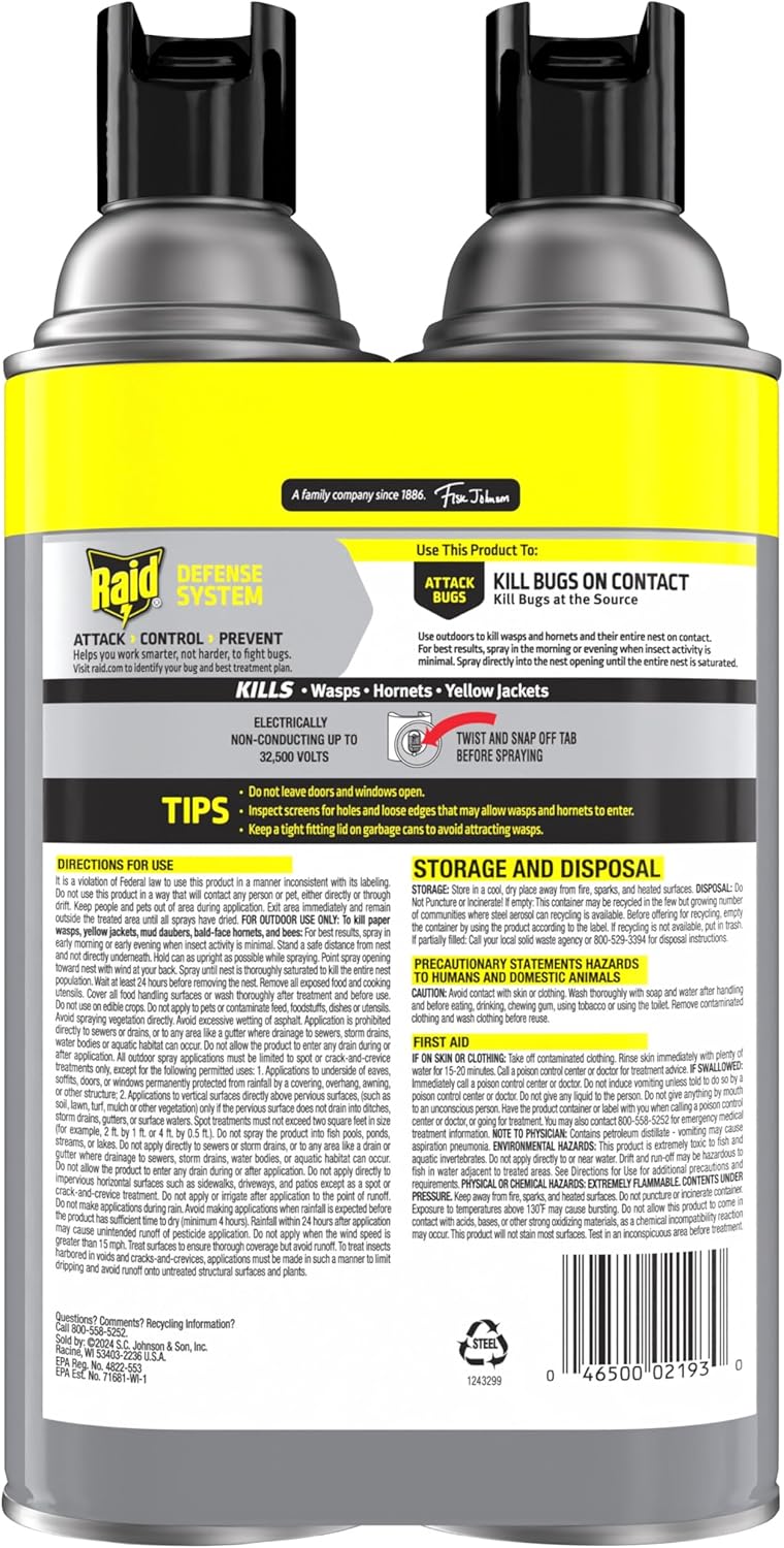 Raid Wasp & Hornet Killer Spray, Bug Killer Kills the Entire Nest, 14 Oz, 2 Count
