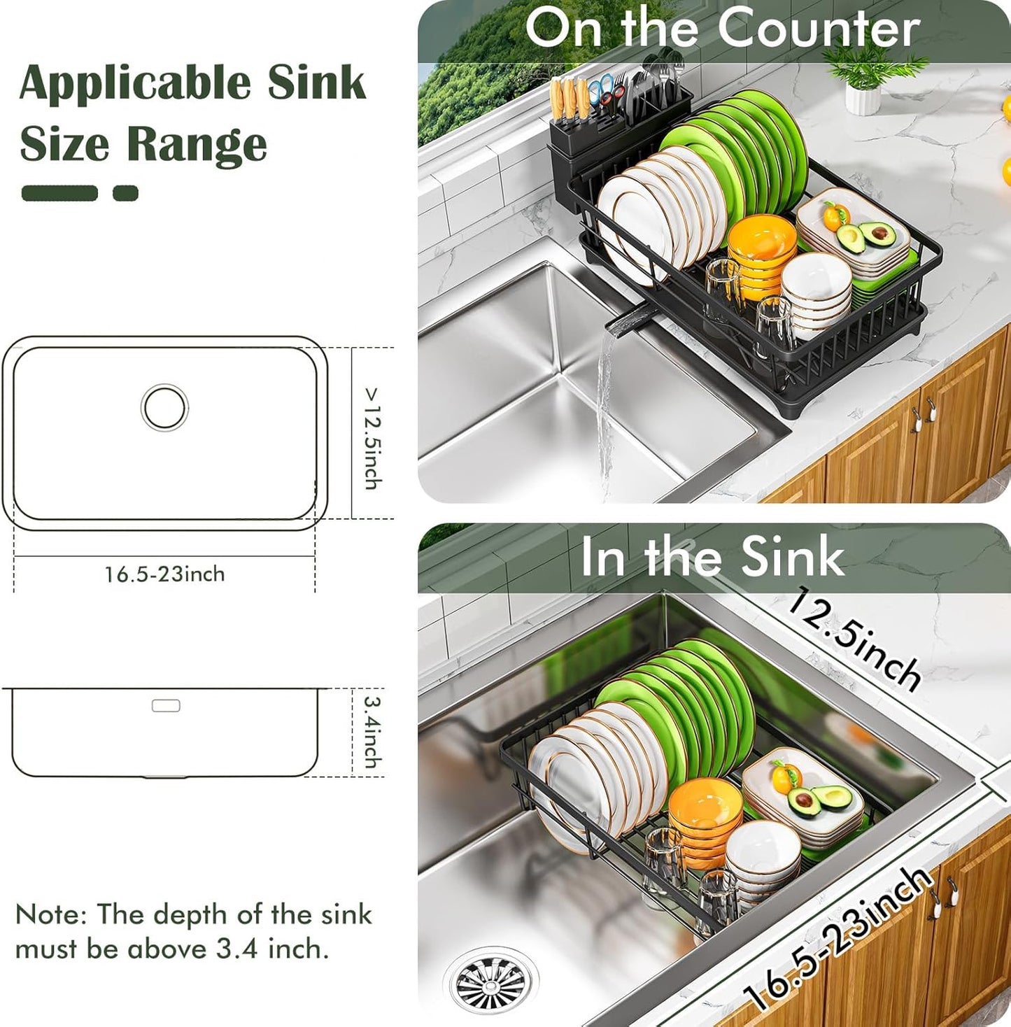 Dish Drying Rack - Space-Saving Small Dish Rack for Kitchen Counter, Rust-Resistant Kitchen Drying Rack, Compact Dish Drainer Organizer with Utensil Holder for Home Kitchen, Black