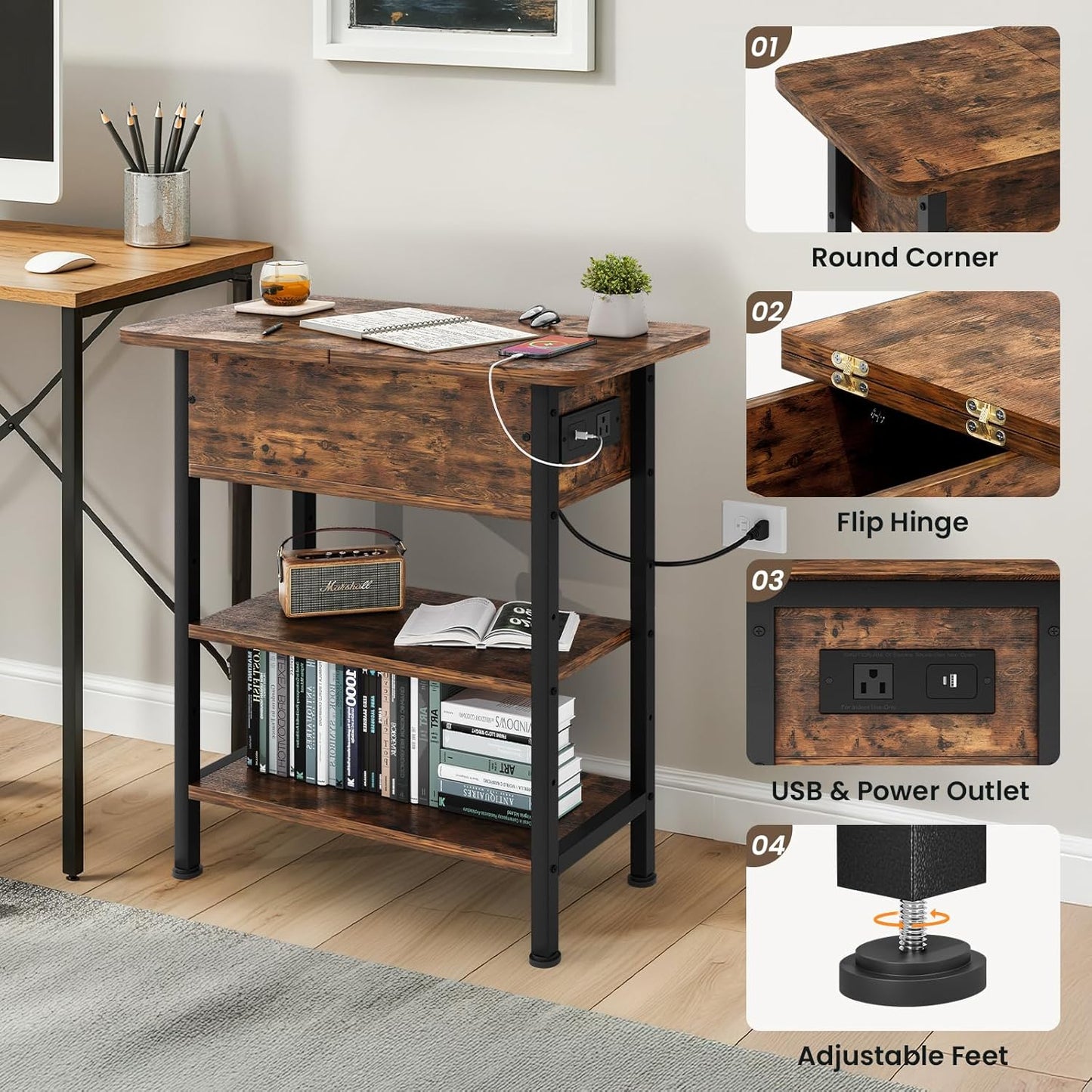 End Table with Charging Station, Flip Top Side Table with USB Ports and Outlets, 3-Tier Small Side Table with Storage for Small Space, End Tables for Living Room/Bedroom, Brown