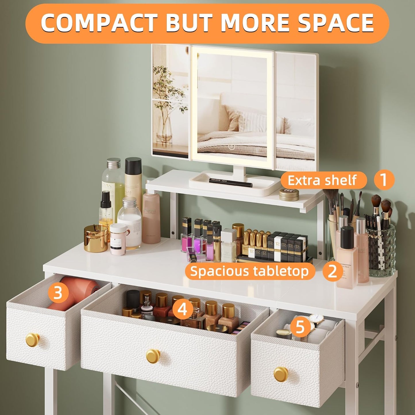 Small Makeup Vanity Desk 27.5''W with Mirror and Lights, Vanity Desk with 3 Fabric Drawers and Height-Adjustable Stand, Vanity Table for Girls Gifts, Bedroom and Small Spaces, White