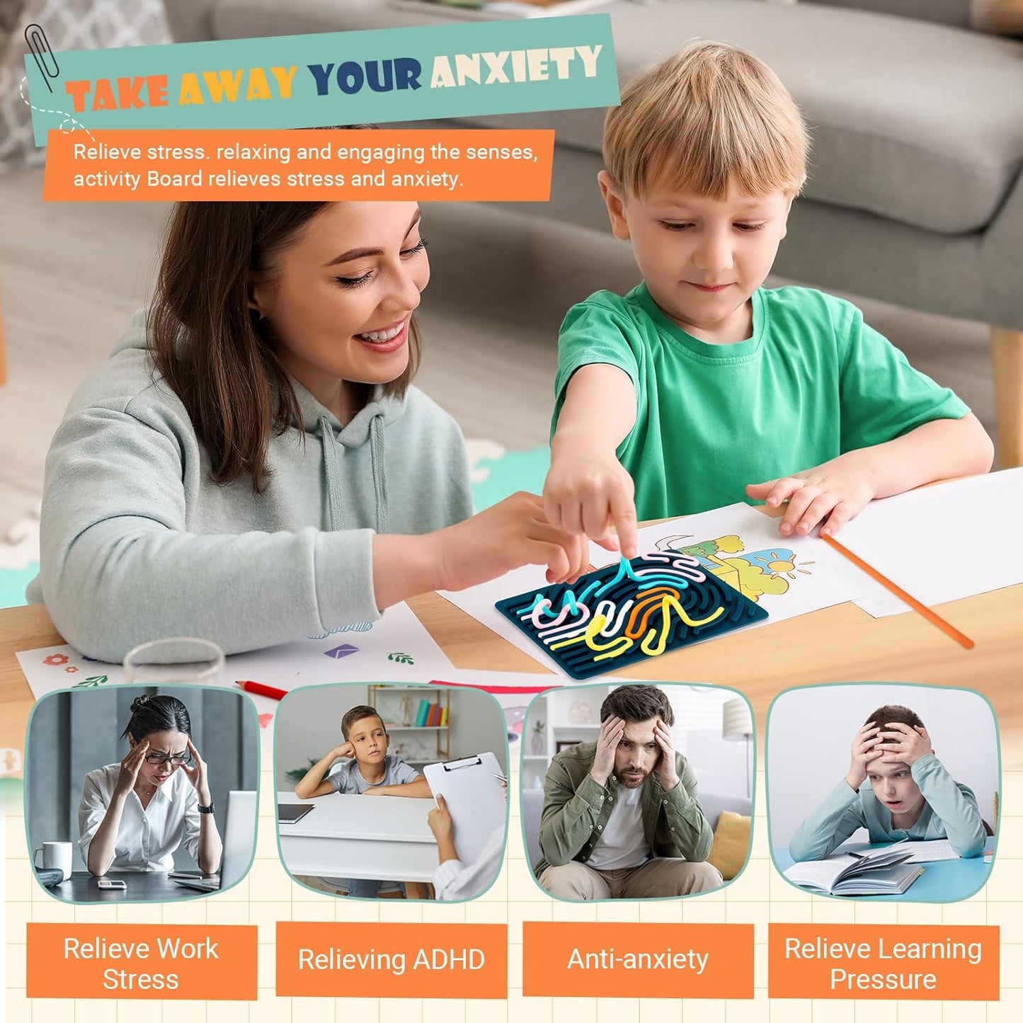 Sensory Activity Board, Double-Sided Silicone Sensory Fidget Toy with 15 Strings for Autism, Stress, Anxiety, Calming, Focus, No Mess, ADHD & Silent, for Kids 3+ & Adults with Portable Travel Bag