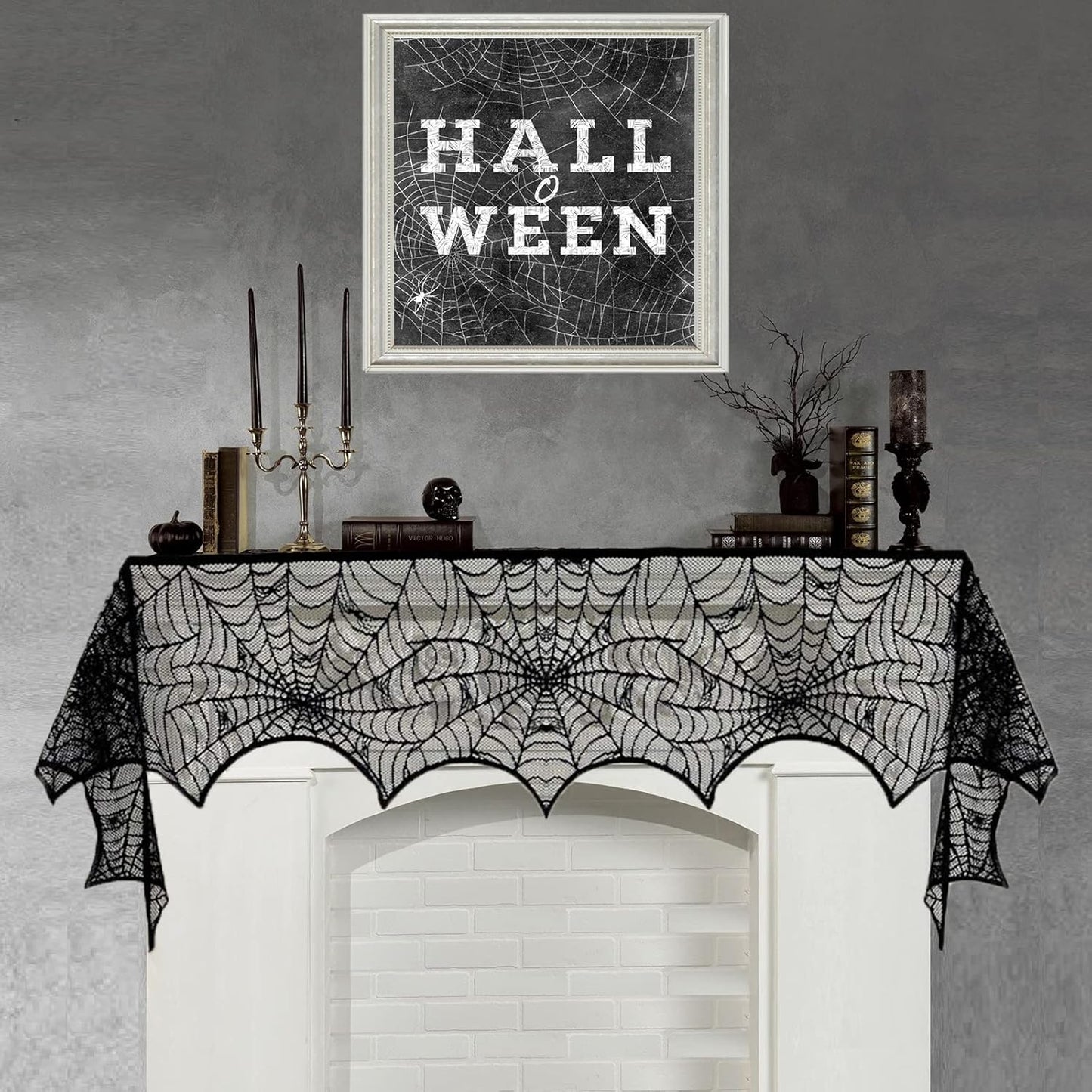 Halloween Fireplace Mantle Decorations, Black Lace Spiderweb Fireplace Mantel Scarf Cover Garland for Festive Party Supplies Decor 18 x 98 inch (Black)