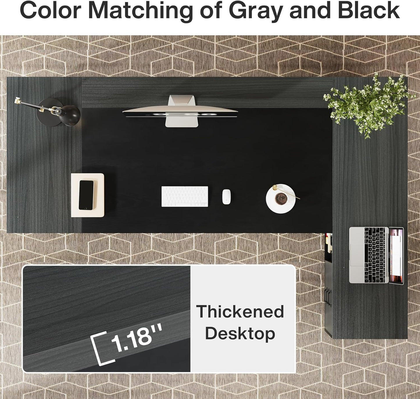 Tribesigns 78" L-Shaped Executive Desk, Large Modern Office Desk with Drawers and Lateral File Cabinet, Business Furniture with Storage Shelves, Big Computer Desk for Home Office (Grey + Blcak)