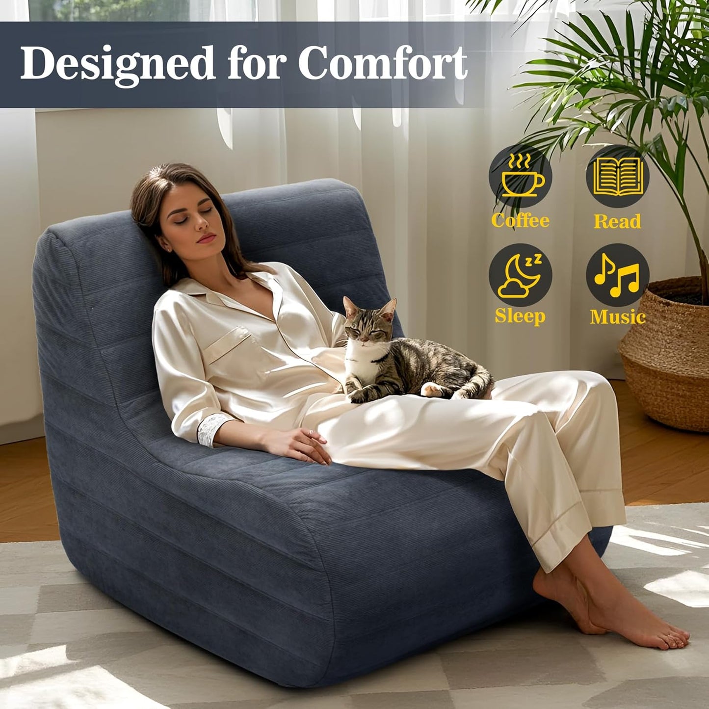 Bean Bag Chair, Fireside Bean Bags Lazy Sofa Sack, Big Beanbag Chair Floor Couch, Memory Foam Lounge Chair for Bedroom, Living Room, Office and Home (Gray)