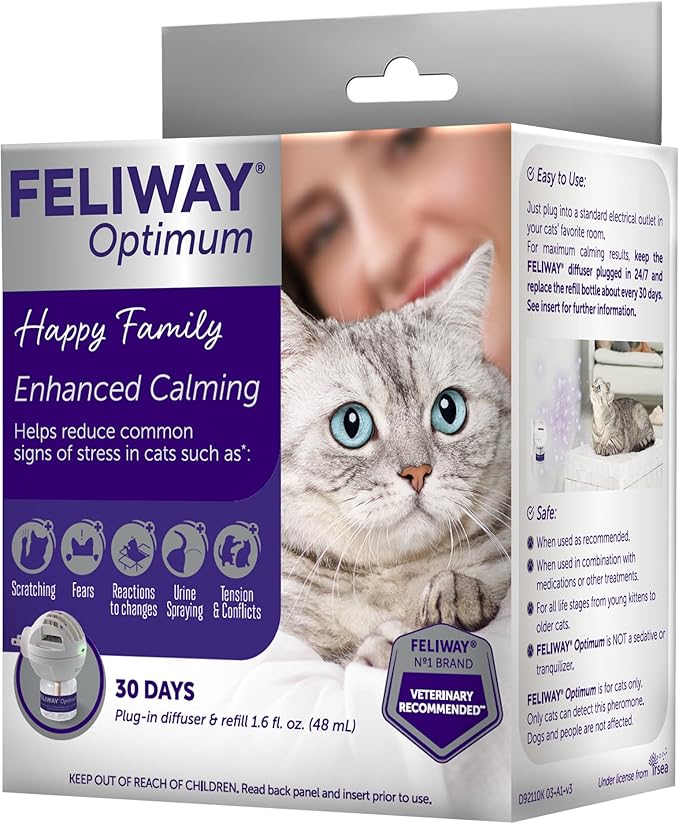 FELIWAY Optimum 30-Day Cat Calming Plug in Pheromone Diffuser Starter Kit, 48ml - Helps Reduce Common Signs of Stress in Cats & Kittens, Enhanced Calming