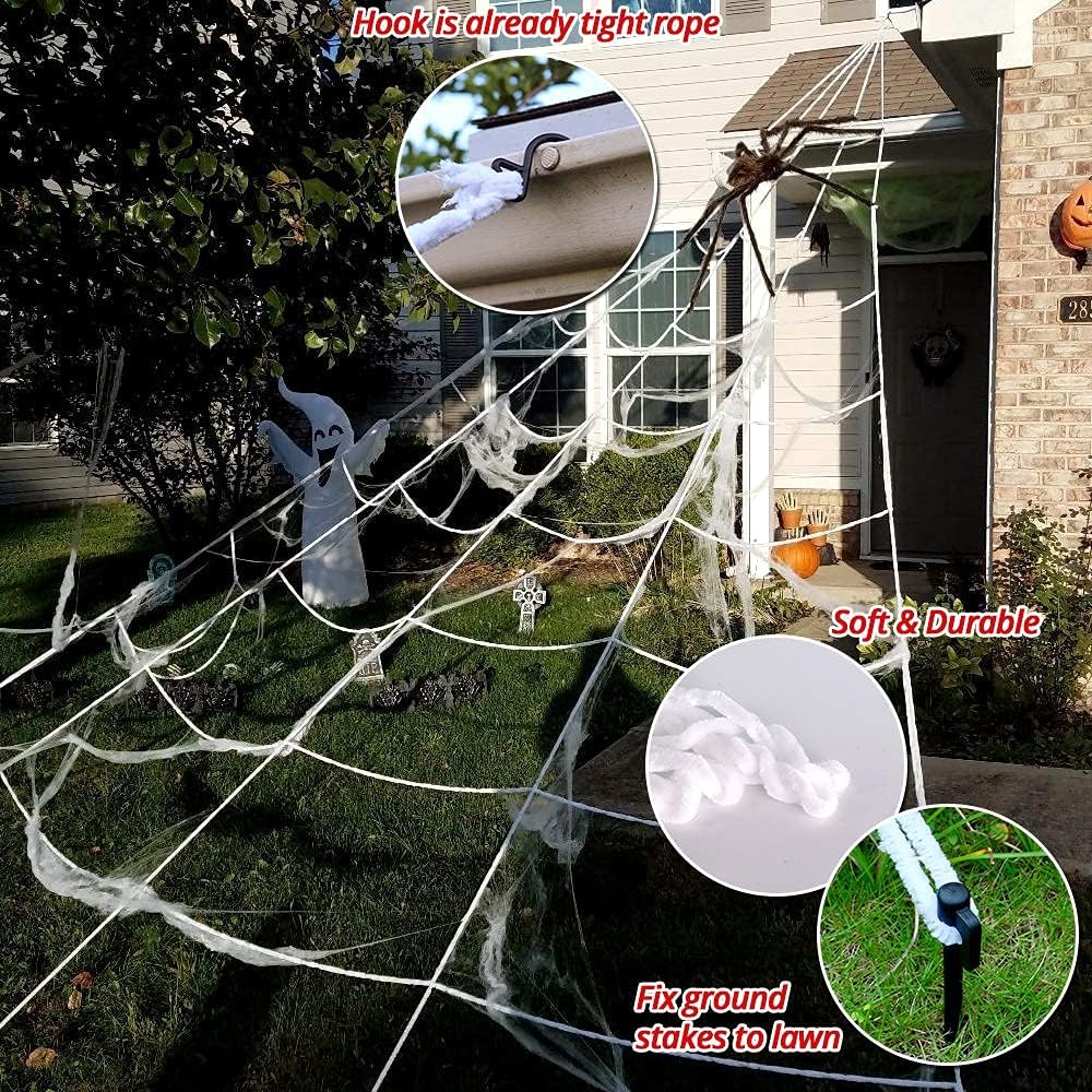 200" Halloween Spider Web + 59" Giant Spider Decorations Fake Spiders with Triangular Huge Spiders Web for Indoor Outdoor Halloween Decorations Yard Home Costumes Parties Haunted House Décor