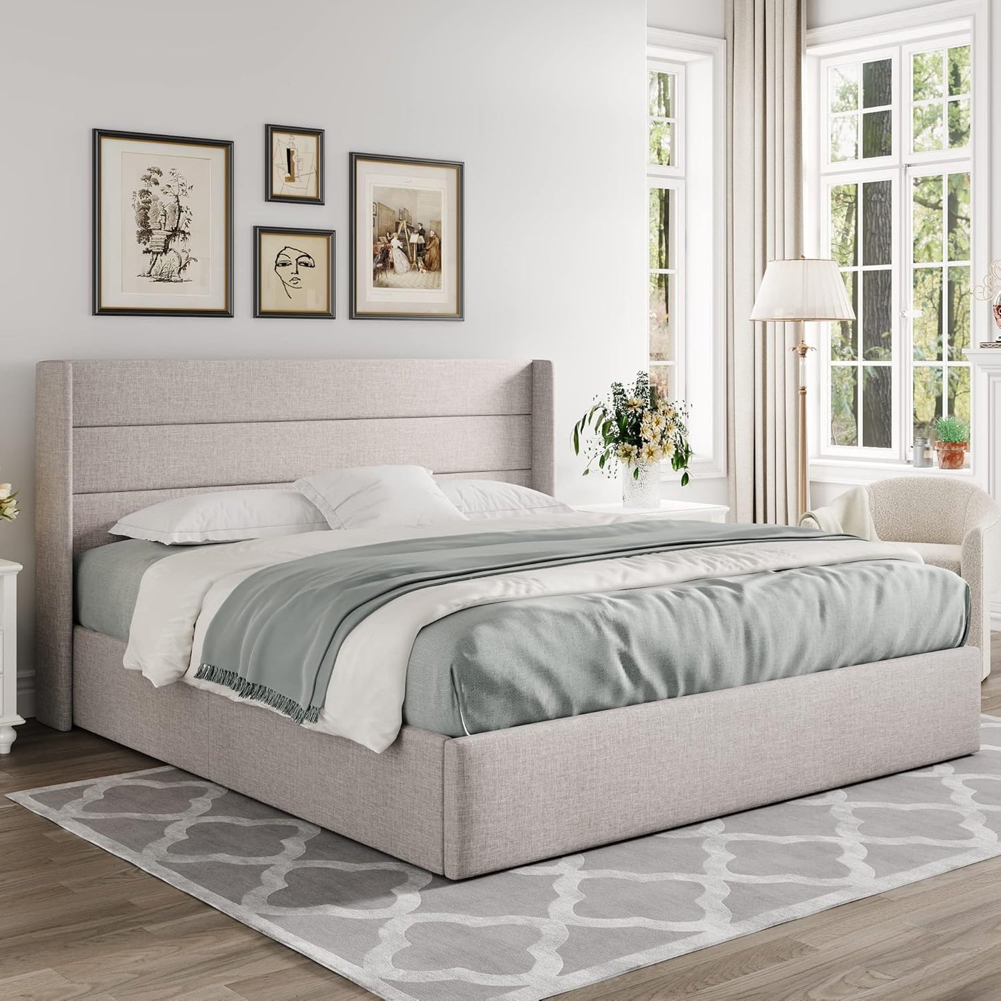 Allewie King Size Lift Up Storage Bed, Modern Wingback Headboard, Hydraulic Support, No Box Spring Needed, Light Beige