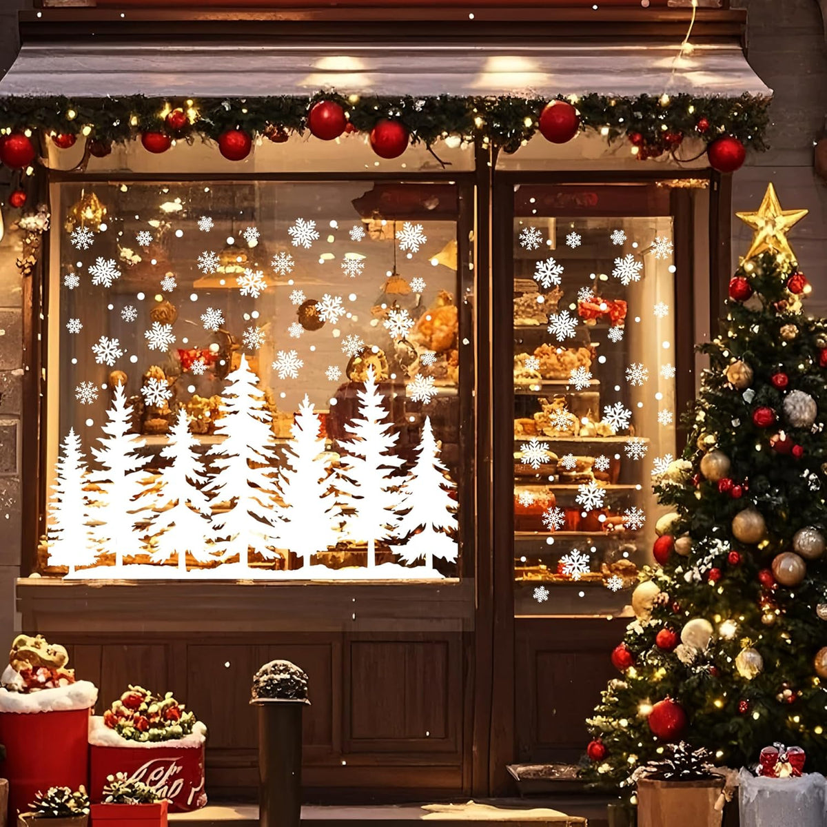 9 Sheets Christmas Window Clings Large Pine Tree Snowflake Window Decals Snowy Xmas Tree Double-Sided Windows Stickers White Winter Forest Trees Windows Decorations for Xmas Party Home Office Glass