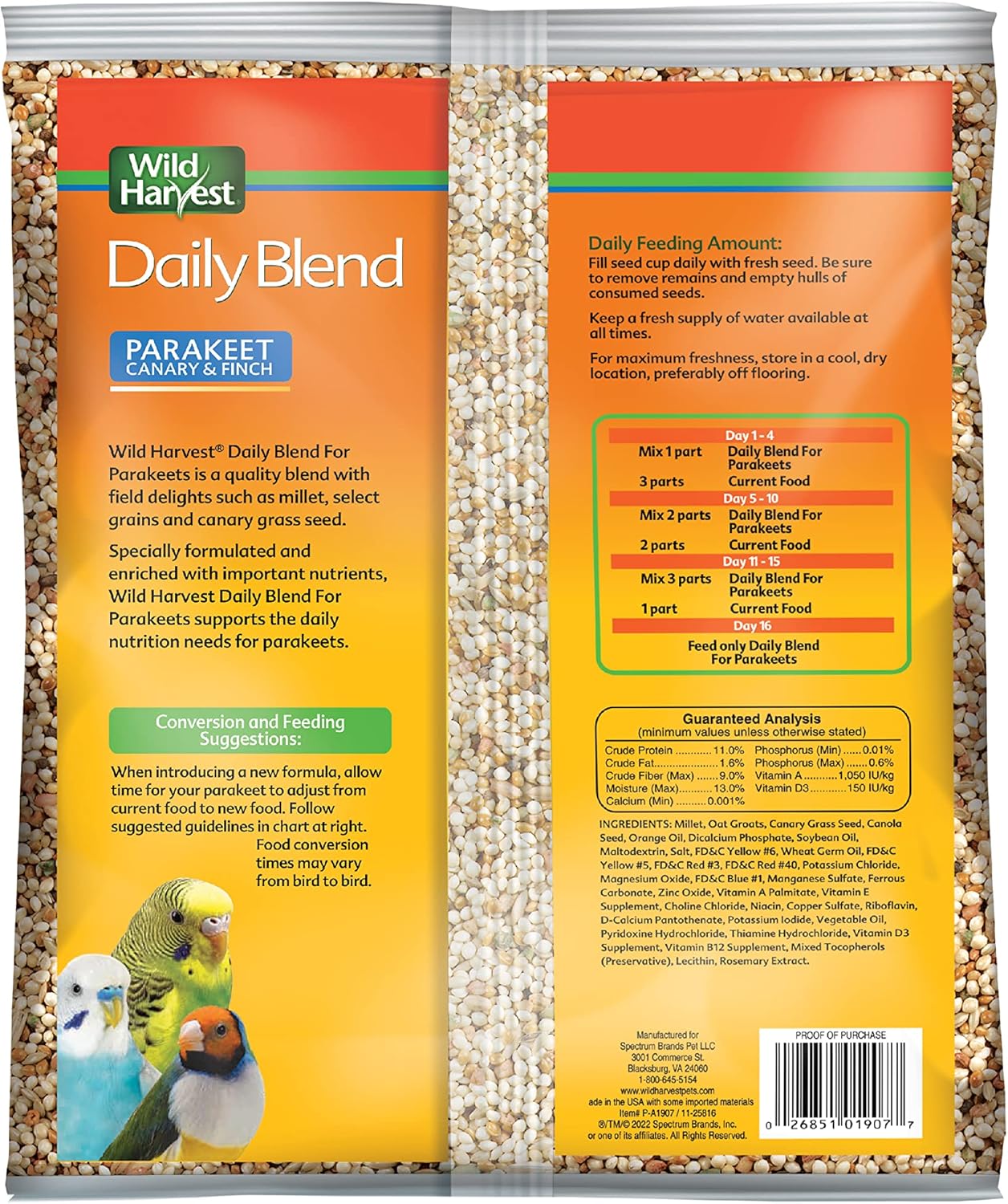 Wild Harvest Daily Blend Nutrition Diet Parakeet, Canary And Finch, Bird Food, 5 Pounds