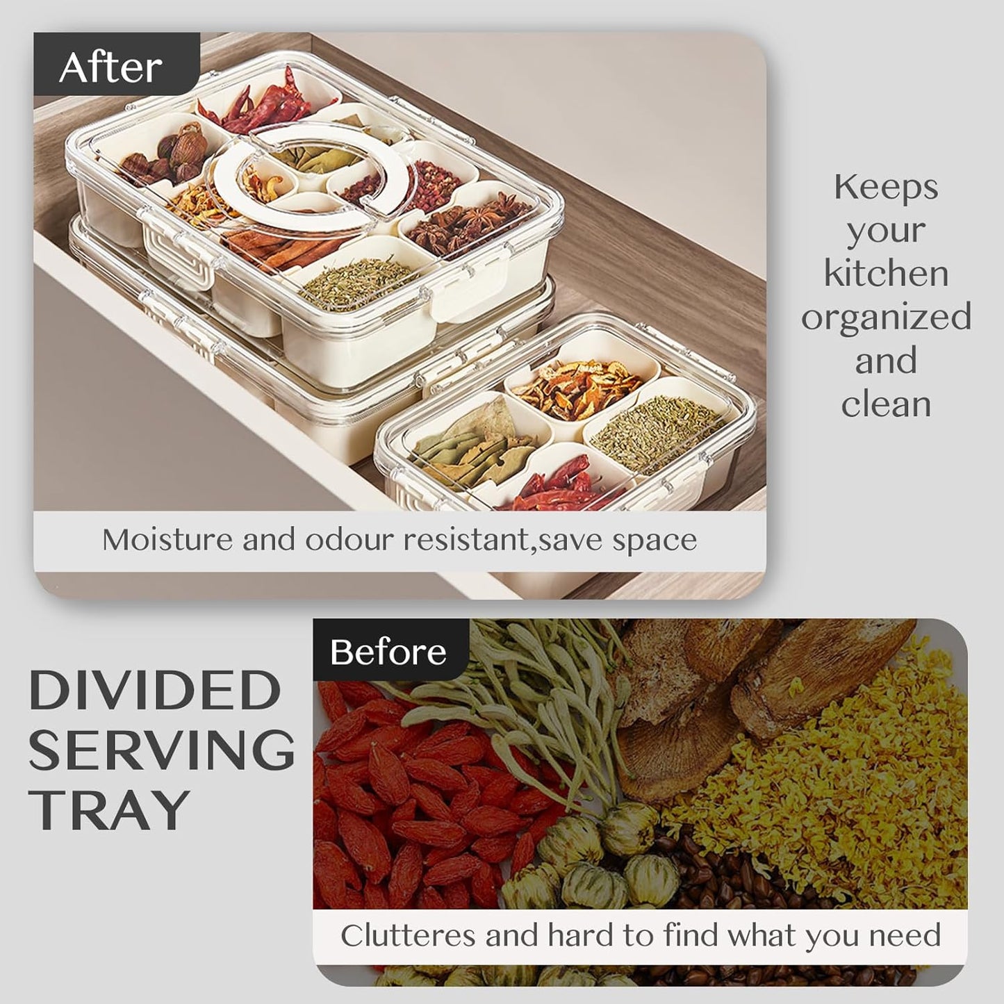 Snackle Box Container,Portable Snack Box 8 Compartment Divided Serving Tray with Lid and Handle,Clear Storage Organizer for Fruit Candy Nuts Veggie-Perfect for Road Travel Party(1 Pack)