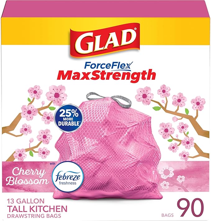 Glad ForceFlex MaxStrength Tall Kitchen Drawstring Trash Bags, 13 Gal, 90 Ct (Package May Vary)