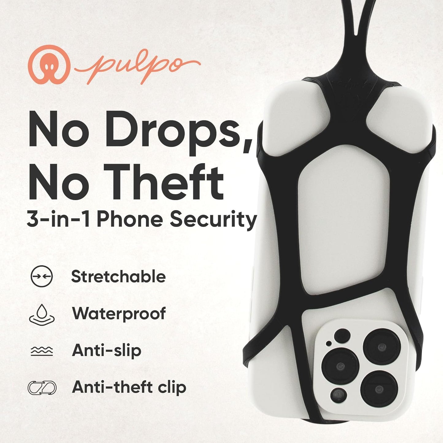 Pulpo Safety Cell Phone Lanyard Black Fits Smartphones 6.1" to 6.8” - Anti Theft Phone Strap for Men & Women, Lanyards for Phones, Hiking Phone Holder & Cellphone Lanyard, Silicone Crossbody Straps