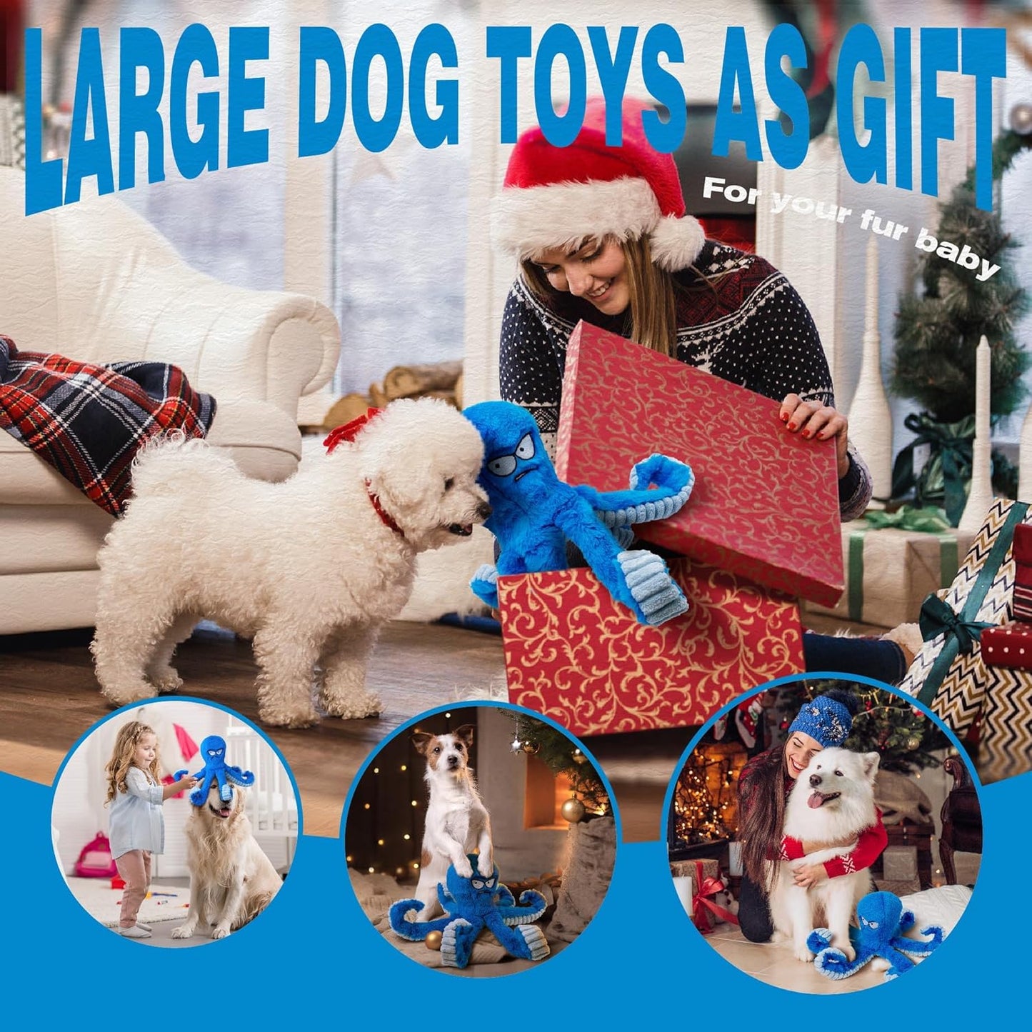 LEGEND SANDY Tough Dog Toys, Stuffed Chew Large Dog Toys to Keep Them Busy, Interactive Squeaky Tug of War Doggie Toy, Crinkle Blue Octopus