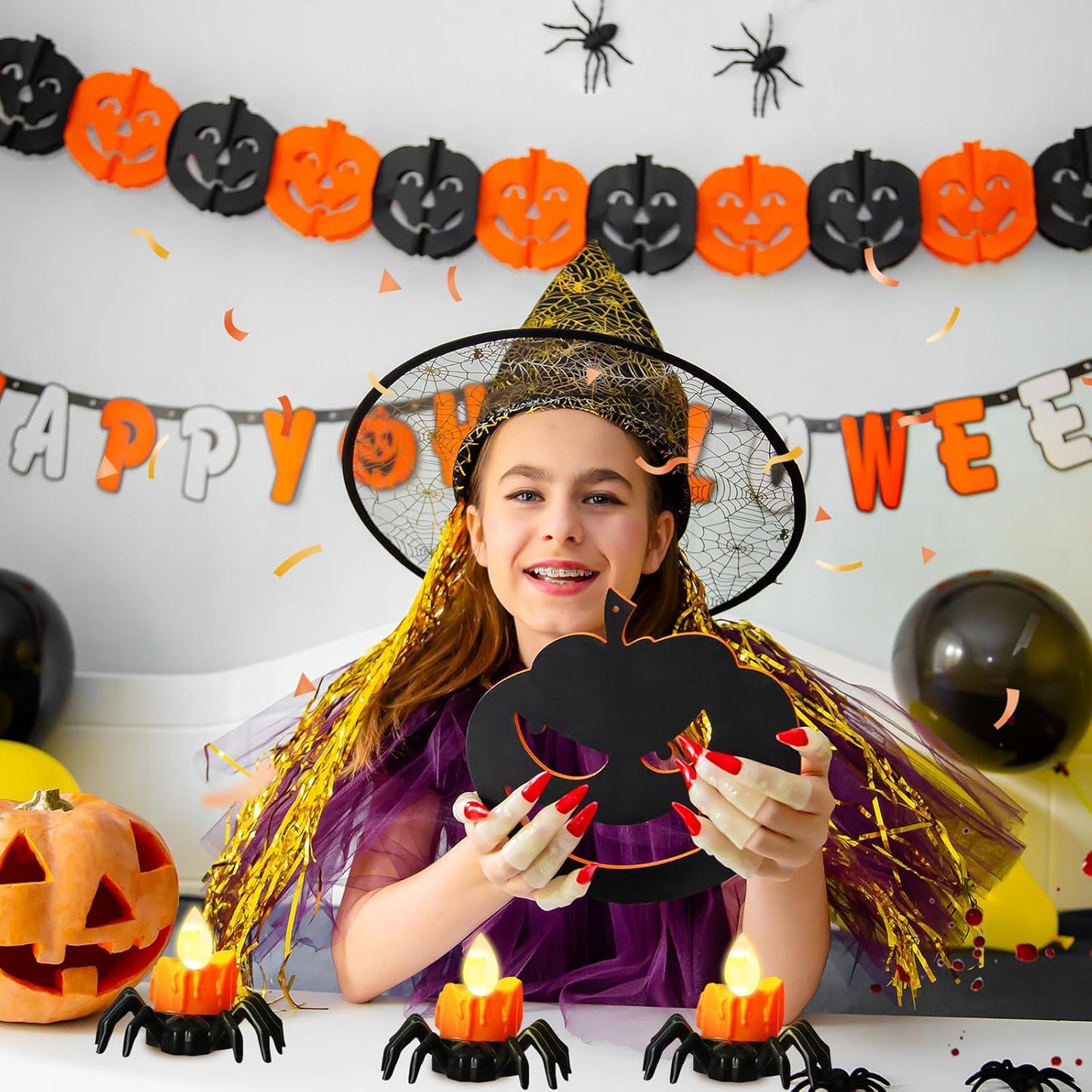 YBB 6 Pcs Halloween Spider Tea Lights, Novelty LED Flameless Spider Candle Holder Lights Battery Operated Orange Tea Lights for Halloween Party Table Home Spooky Decor