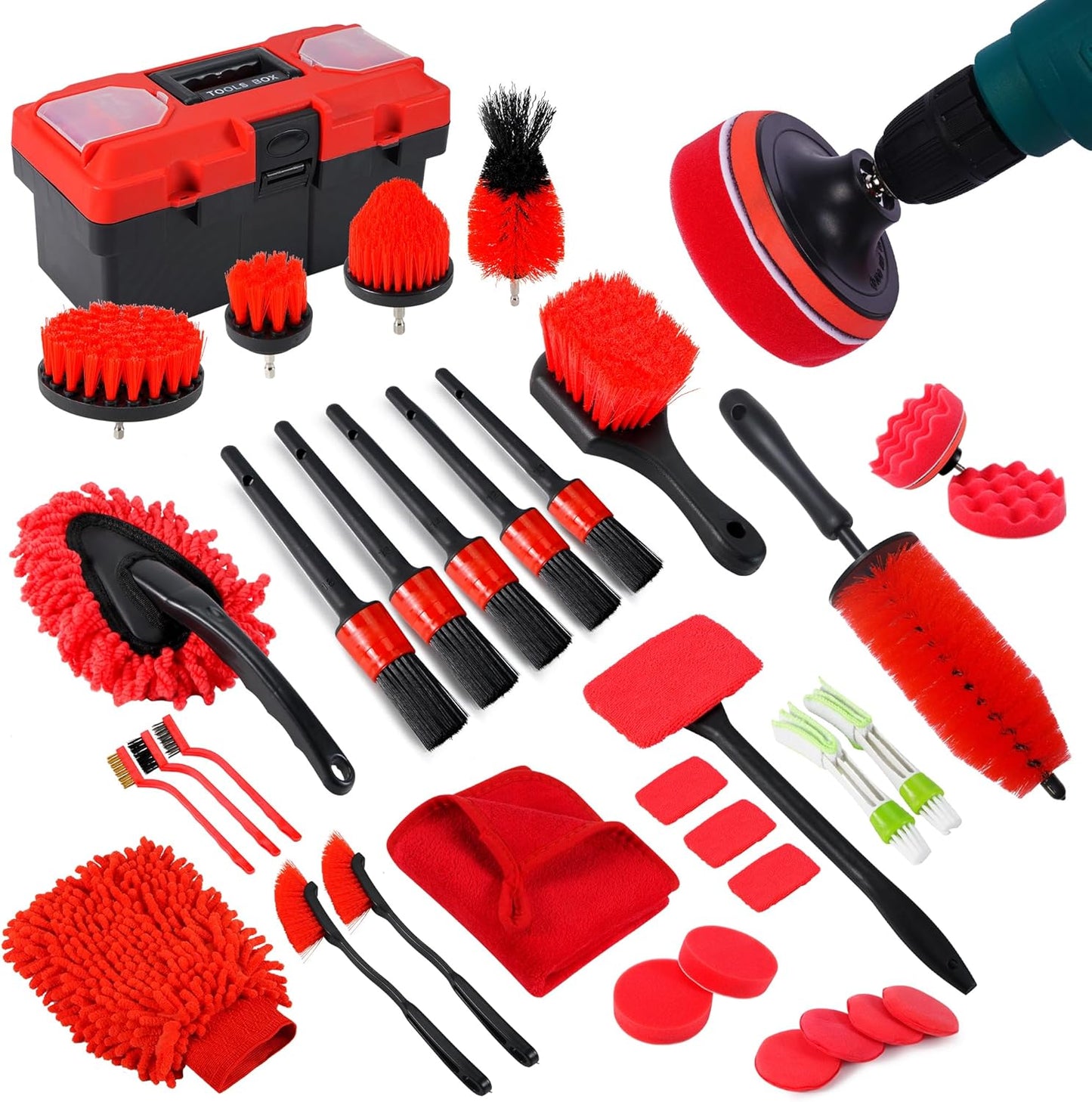 35Pcs Car Detailing Kit, Car Cleaning Kit with Windshield Cleaning Tool and Tool Box, Interior & Exterior Auto Care Supplies and Brushes (B:35PCS-R)