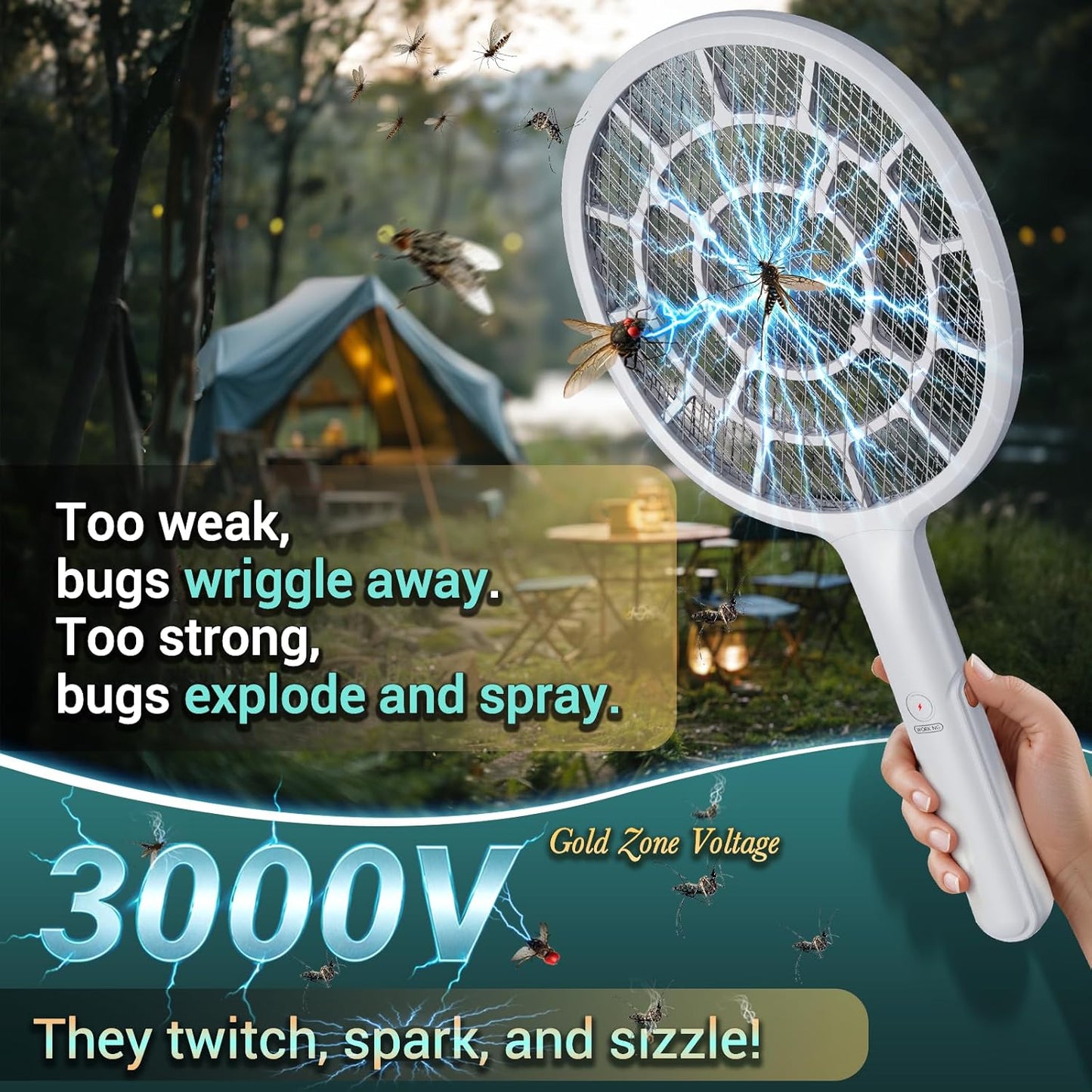 Electric Fly Swatter, Bug Zapper, Mosquito Zapper Racket | Gold Zone Voltage, Densest 3 mm Mesh, Apple-Like Weight - AA Battery Powered (not incl.) - Indoor & Outdoor Use with Pro Swat Tips