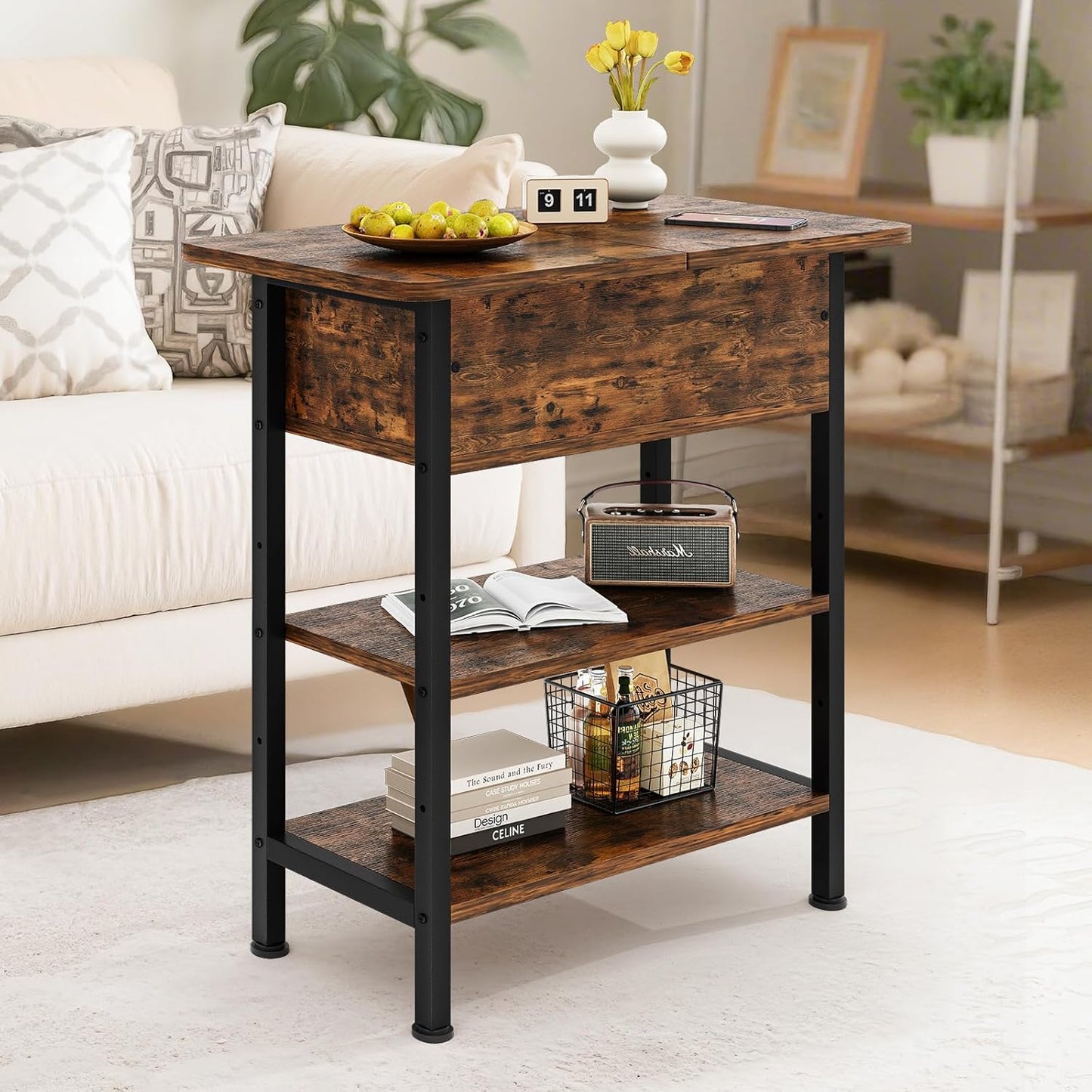 End Table with Charging Station, Flip Top Side Table with USB Ports and Outlets, 3-Tier Small Side Table with Storage for Small Space, End Tables for Living Room/Bedroom, Brown