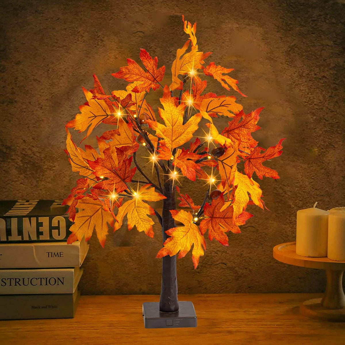 Dazzle Bright 2 Pack 24 Inch Lighted Thanksgiving Fall Maple Tree Decor, 24 LED Battery Operated Decorations Artificial Tree with Timer for Indoor Home Room Holiday Xmas Party
