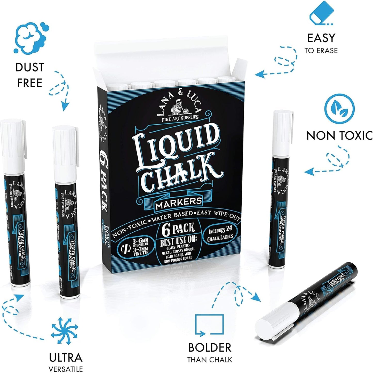 Liquid Chalk Marker Pen - White Dry Erase Marker - Chalkboard Signs, Windows, Blackboard, Glass (6 Pack) 3-6mm Reversible Tip, 3-3mm Fine Tip