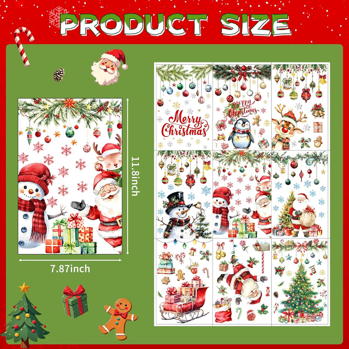 9 Sheets Christmas Window Stickers - Festive Holiday Lights, Santa, Snowman & Reindeer Window Clings, Reusable Christmas Windows Decals for Home Party Decor/Indoor Glass Decoration Festival Decor