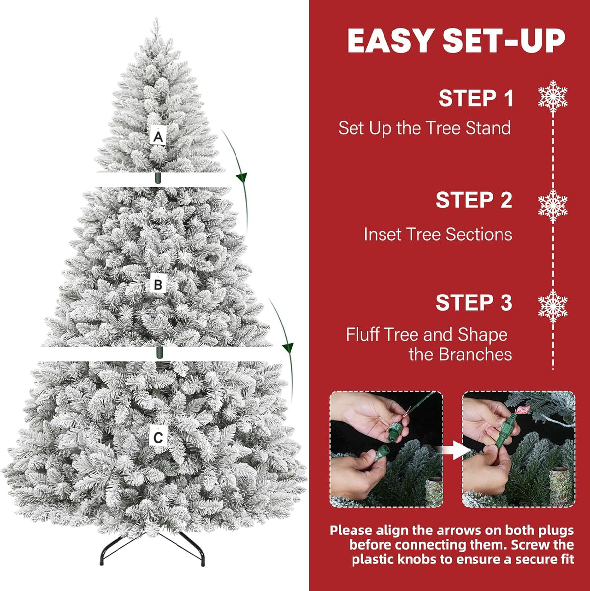 Hykolity 6 ft Prelit Snow Flocked Christmas Tree, Artificial Christmas Tree with 250 Warm White Lights, 1032 Tips, Metal Stand and Hinged Branches