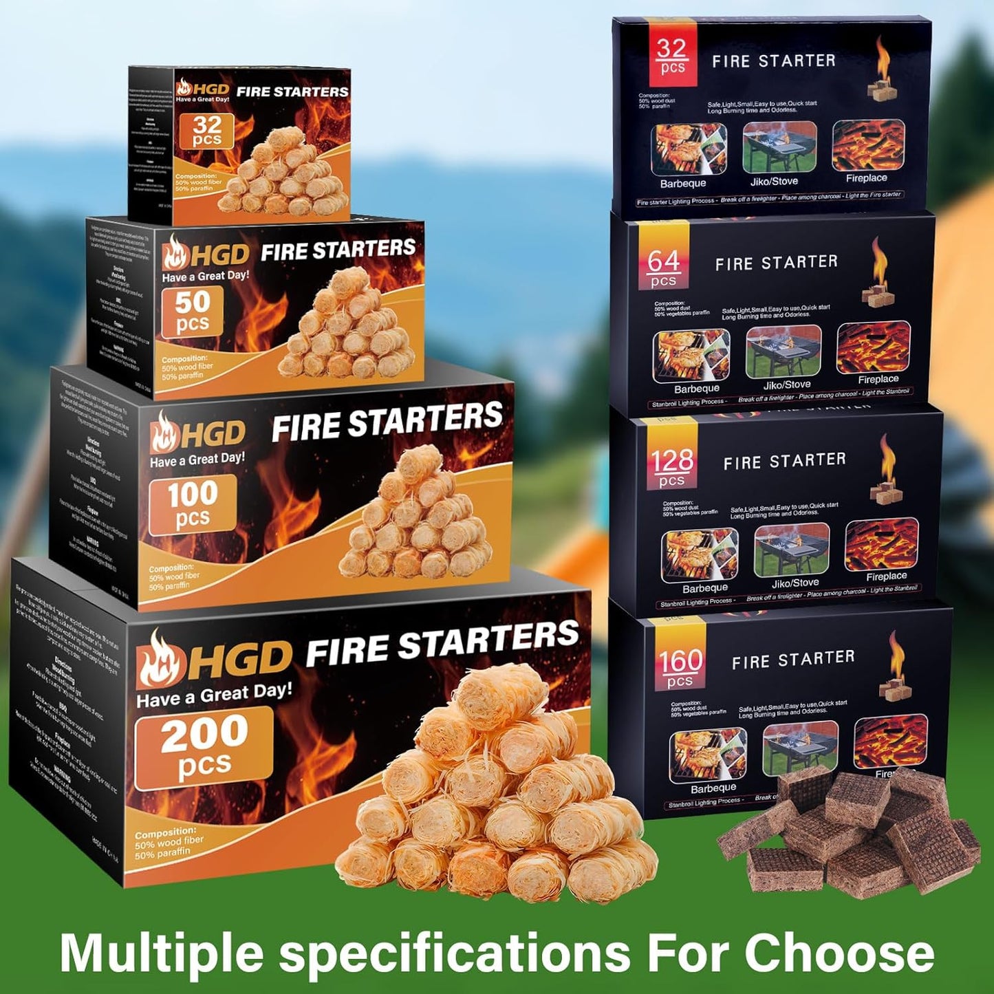 HGD Fire Starter, Natural Fire Starters for BBQ, Campfire, Fireplace, Charcoal, Wood Stove, Chimney, Fire Pit, Grill, Smoker, Indoor Outdoor Use