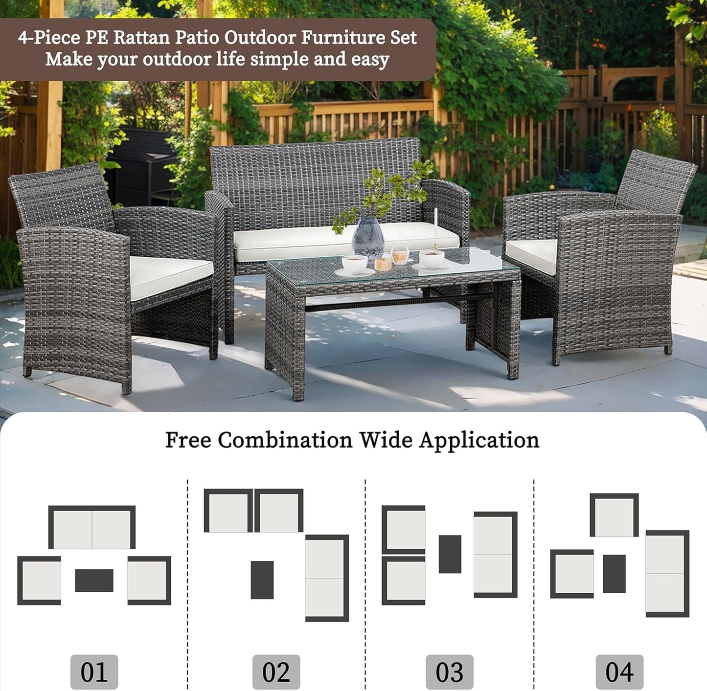 Shintenchi 4 Piece Patio Ratten Set Outdoor Furniture Set Wicker Conversation Set with Cushions and Tempered Glass Tabletop,Beige