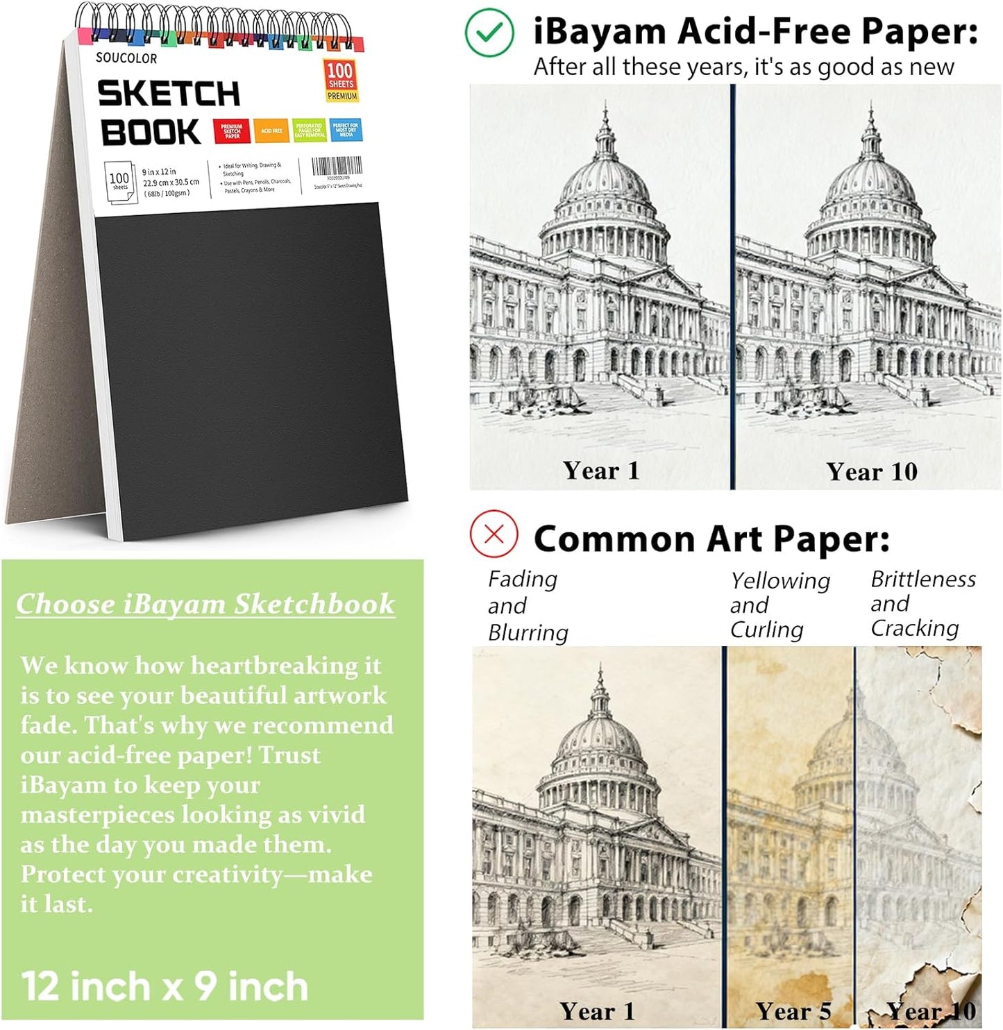 Soucolor Sketch Book, Spiral Bound Acid-Free Sketchbook with 68lb/100gsm for Paper Painting, Drawing, Writing, Artist Sketching Pad for Kids, Adults & Teens, 100 Sheets (Black, 9 x 12 Inch, Pack of 1)