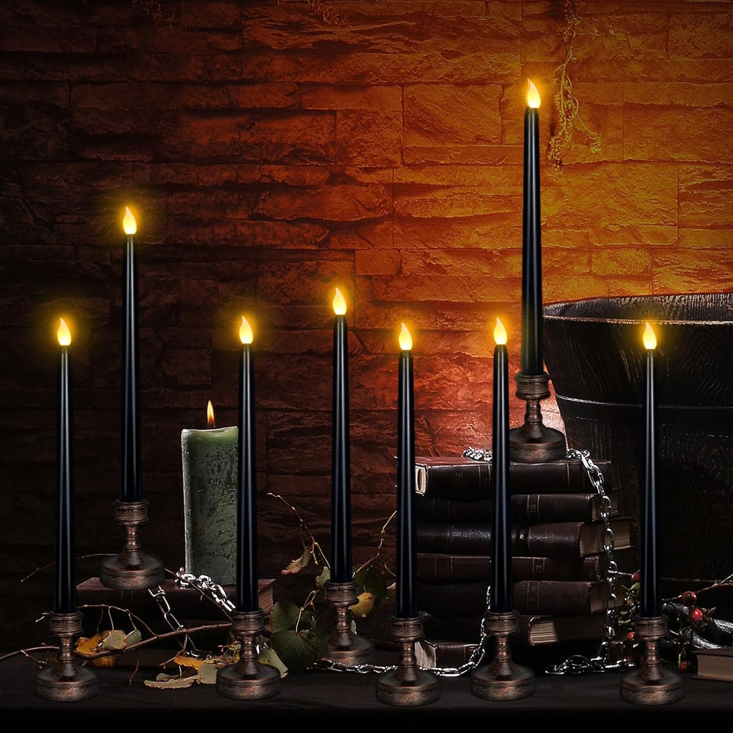 YUNVI Sets of 8 Black Halloween Candles,Flameless Taper Candles with Base,LEDs Candlesticks,Plastic Flickering Flameless Candles for Halloween Fireplace