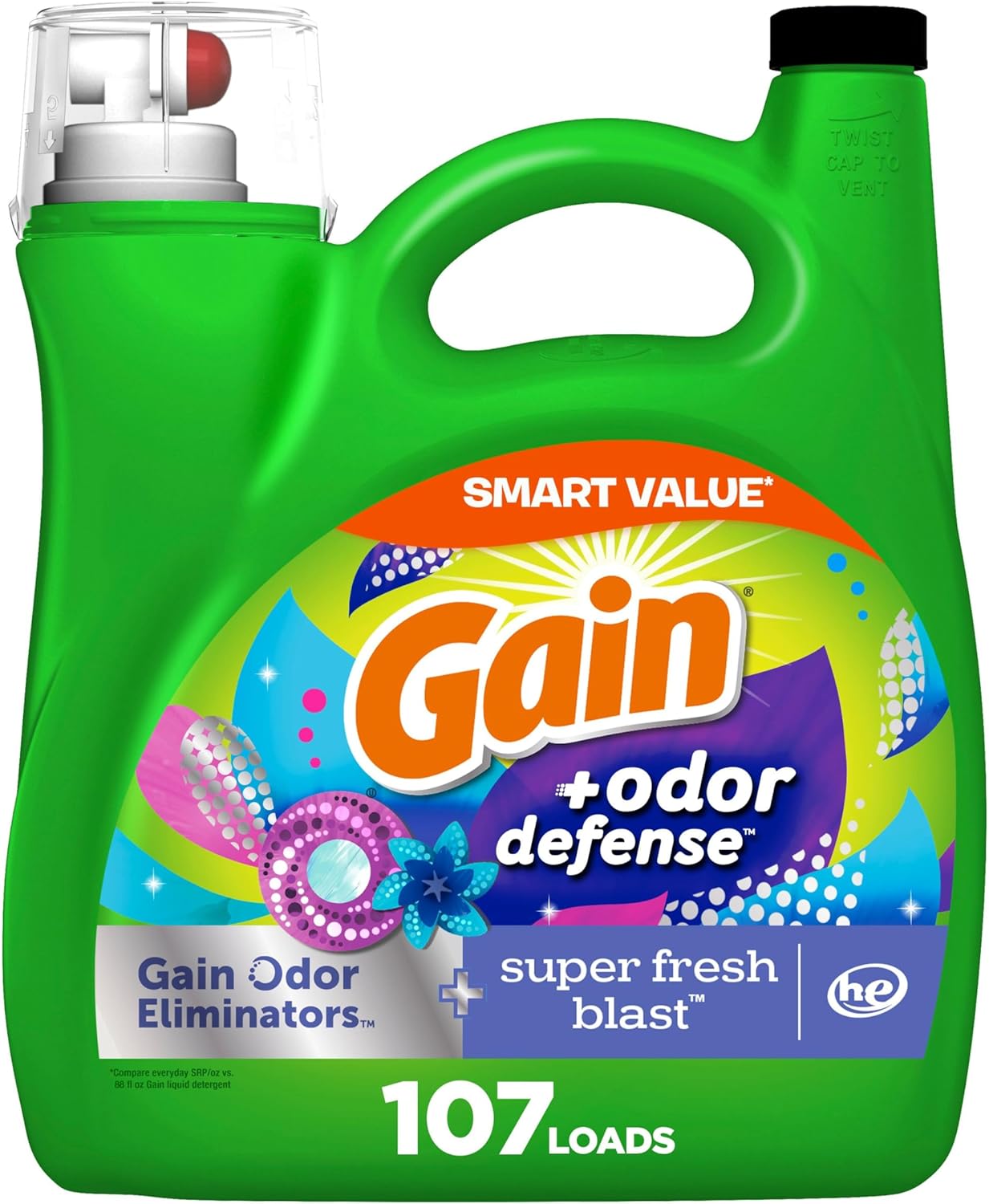 Gain + Odor Defense Liquid Laundry Detergent Super Fresh Blast Scent, HE Compatible, 107 Loads 154 fl oz, Gain Laundry Detergent, Liquid Laundry Detergent