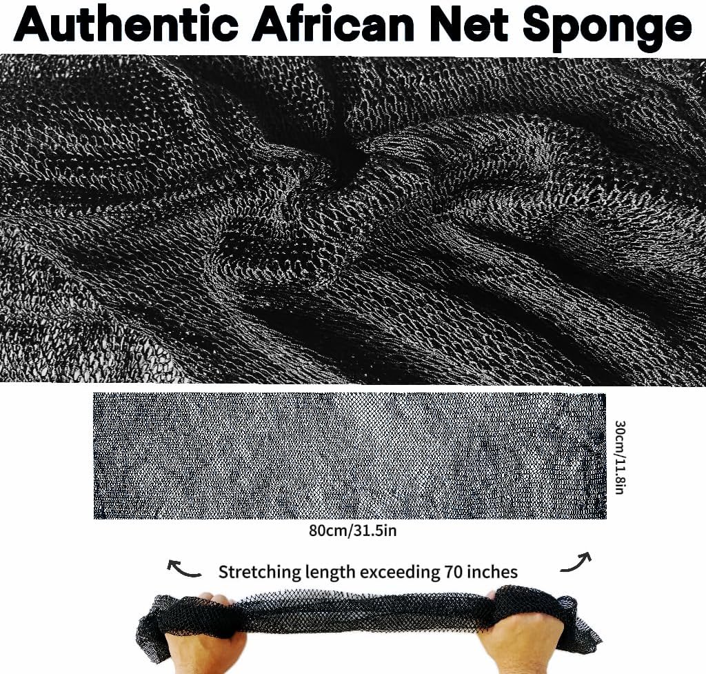 African Net Sponge Authentic, African Exfoliating Sponge Real African Net Black Owned, African Bath Sponge Back Scrubber, Body Exfoliator Shower Bath Accessories (Black)