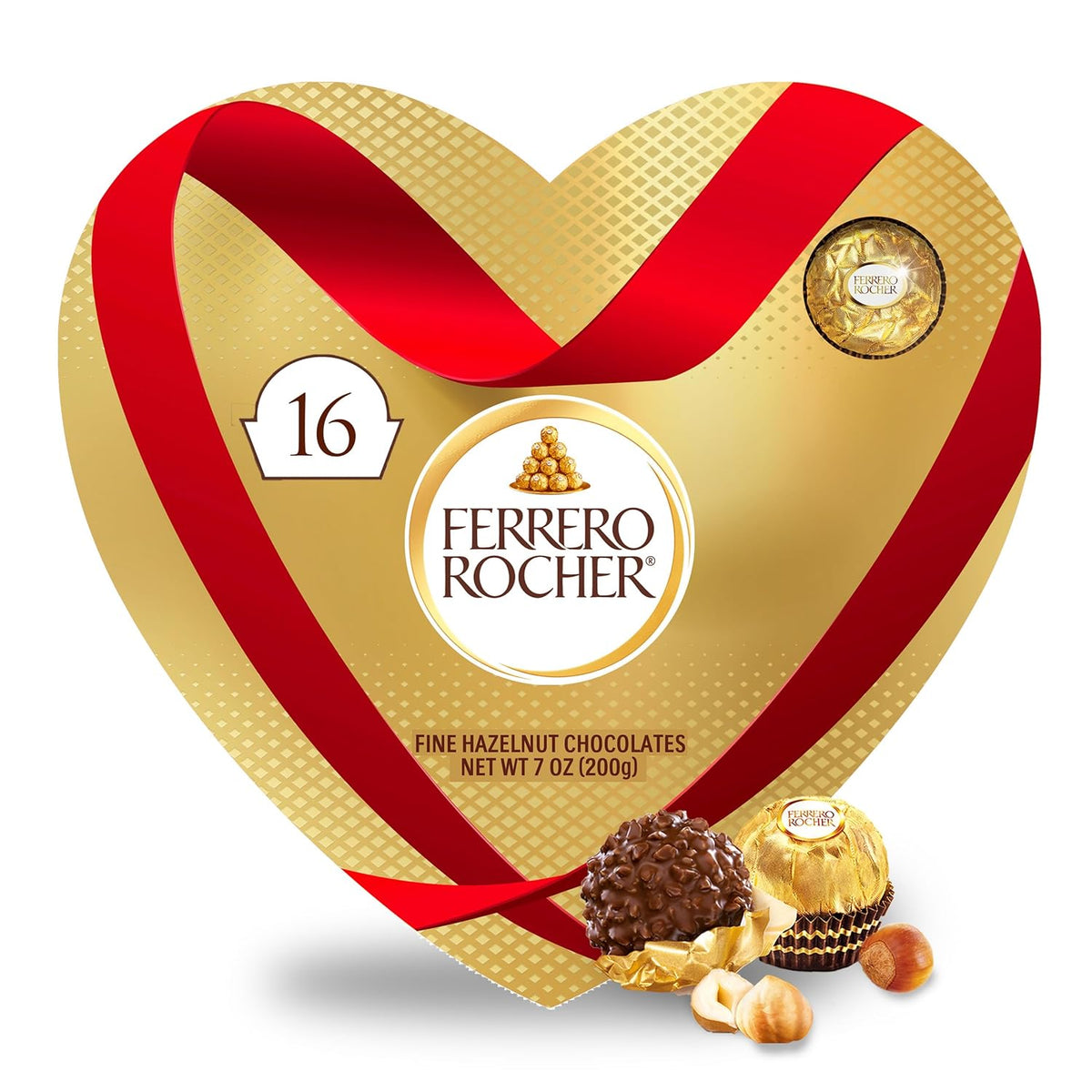 Ferrero Rocher Fine Hazelnut Chocolates, Valentine’s Day Heart Gift Box, 16 Piece Premium Chocolate for Gifting, 7 oz