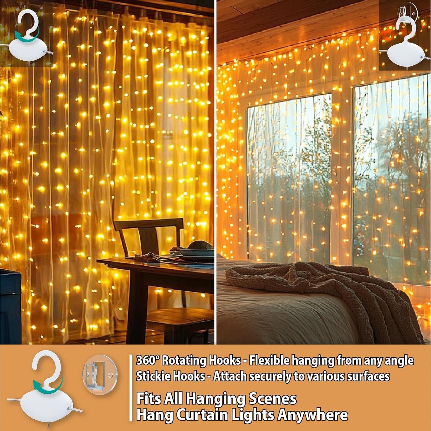 HXWEIYE 300LED Fairy Curtain Lights, 9.8x9.8Ft Warm White USB Plug in 8 Modes Christmas String Hanging Lights with Remote for Bedroom, Indoor, Outdoor, Weddings, Party