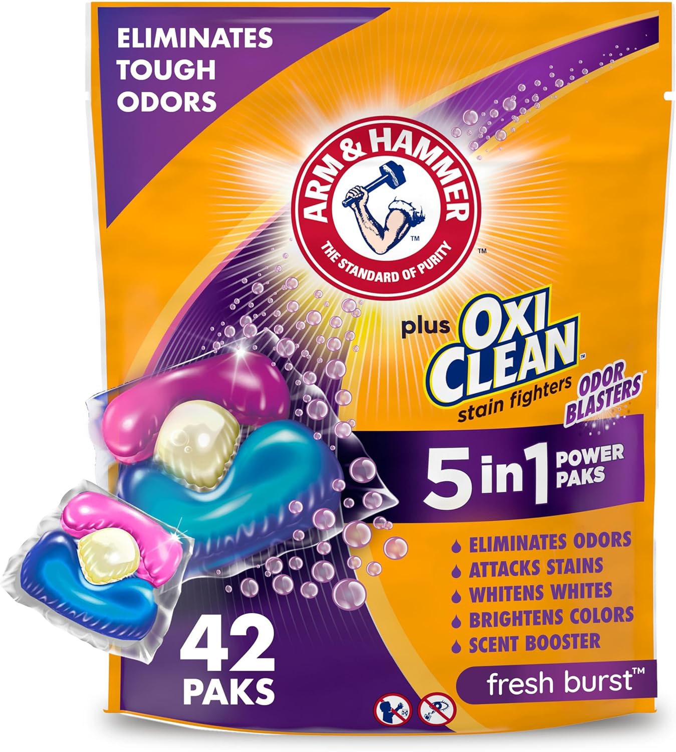 ARM & HAMMER Plus OxiClean with Odor Blasters 5-in-1 Laundry Detergent Power Paks, Laundry Odor Remover, Eliminates Odors, Attacks Stains, Fresh Burst Scent, 42 Count