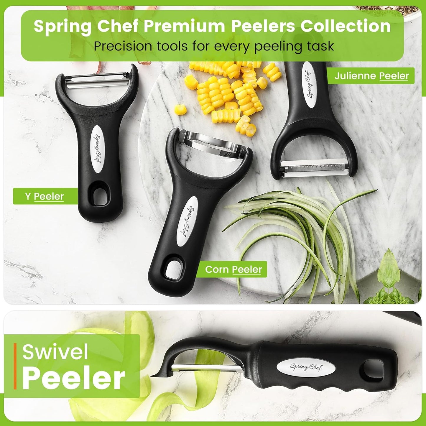 Spring Chef Premium Swivel Vegetable Peeler, Soft Grip Handle and Ultra Sharp Stainless Steel Blades - Perfect Kitchen Peeler For Veggie, Fruit, Potato, Carrot, Apple - Black