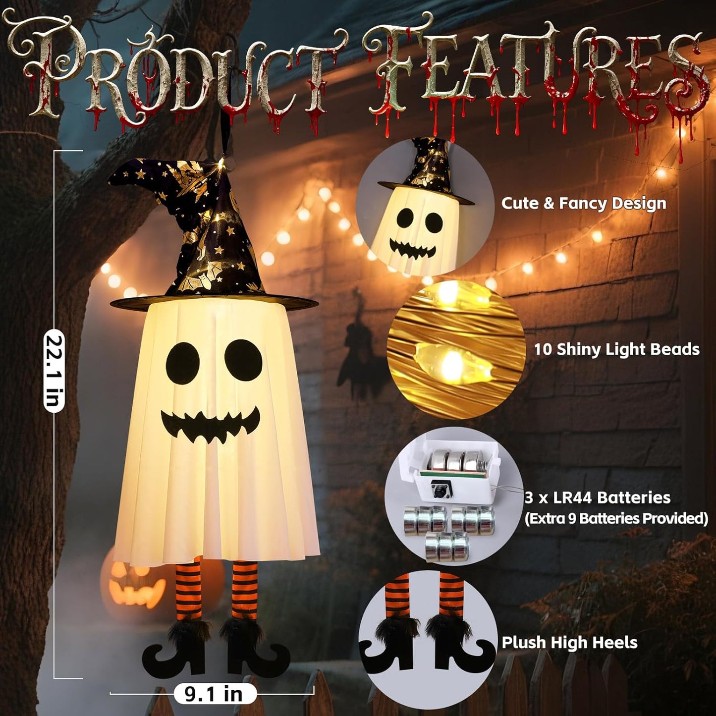 3 Packs Halloween Hanging Ghosts Decorations Outdoor Indoor, Spooky Glowing Ghost Witch Hat Striped Stockings High Heels String Lights 3 Modes Patio Yard Front Porch Tree Party(Contains 18 Batteries)