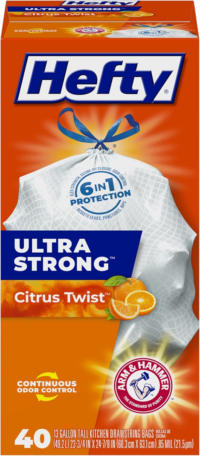Hefty Ultra Strong Tall Kitchen Trash Bags, Citrus Twist Scent, 13 Gallon, 40 Count
