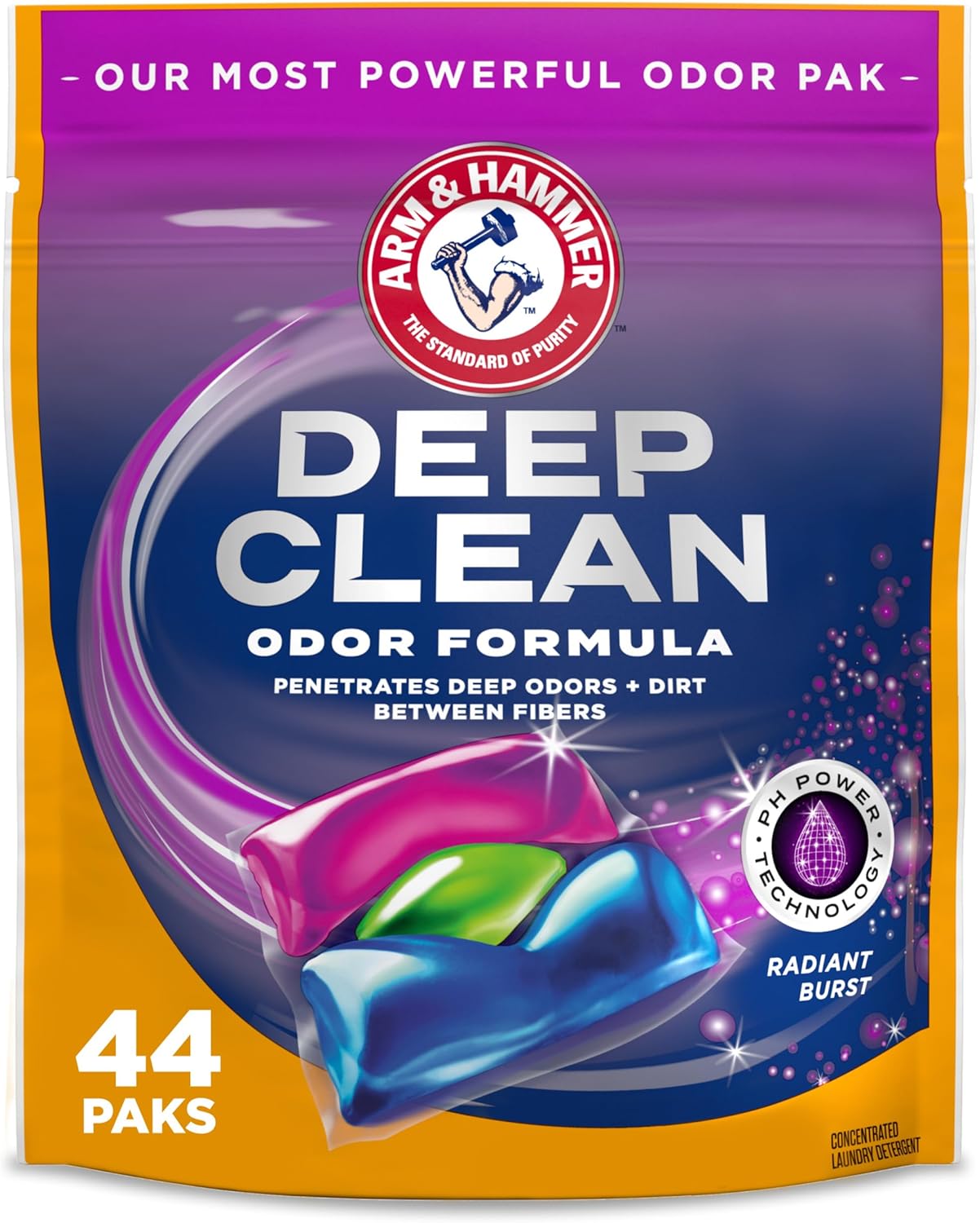 ARM & HAMMER™ Deep Clean Odor Formula Laundry Detergent Power Paks, Laundry Odor Remover, Radiant Burst Scent, 44 Count, 44 Loads